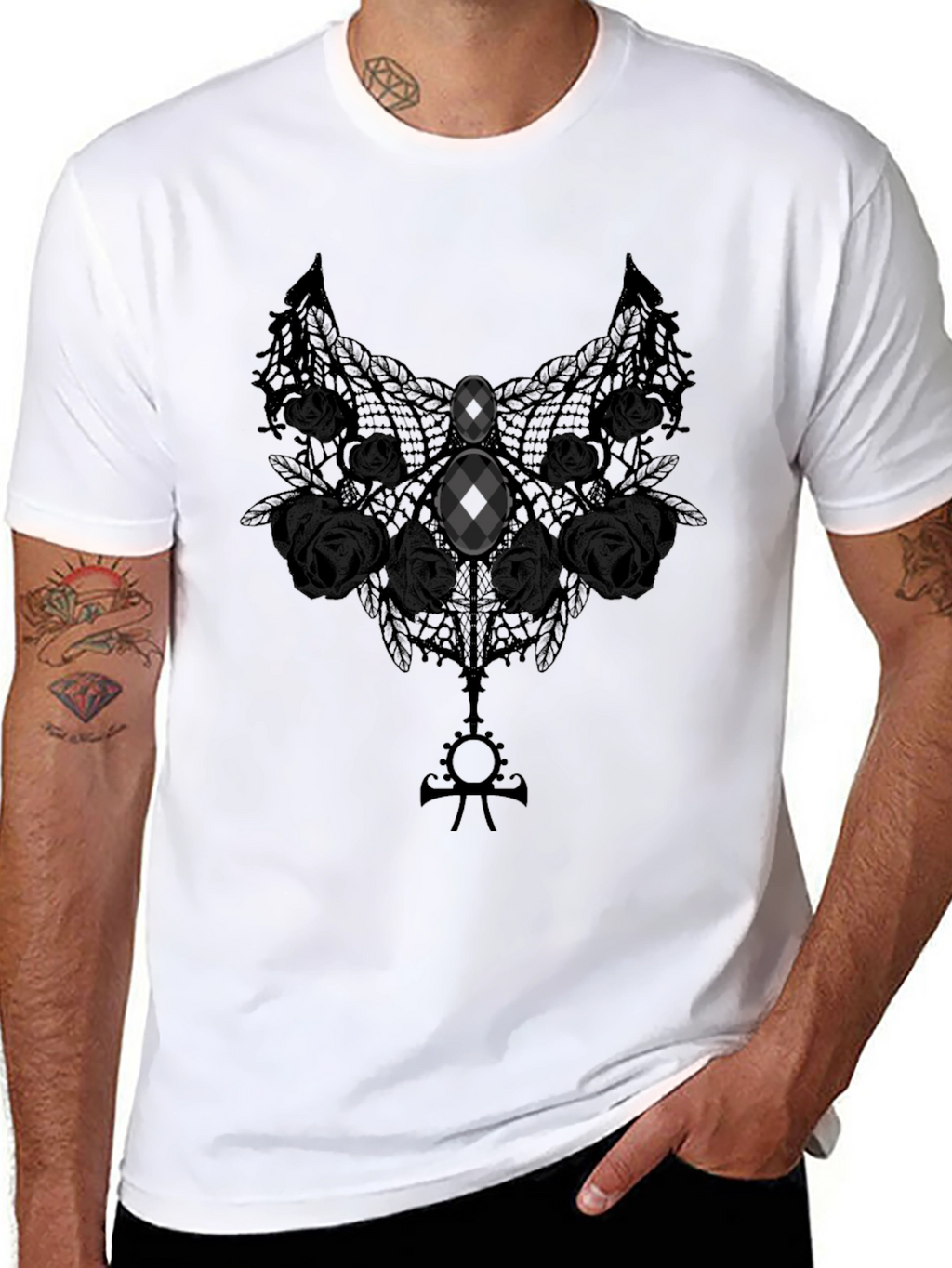 Gothic Lace Rose Graphic Tee - Dark Elegance