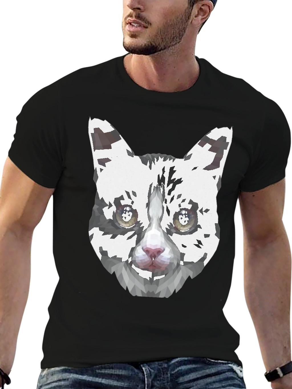 Geometric Cat Face Graphic Print Mens Black T-Shirt