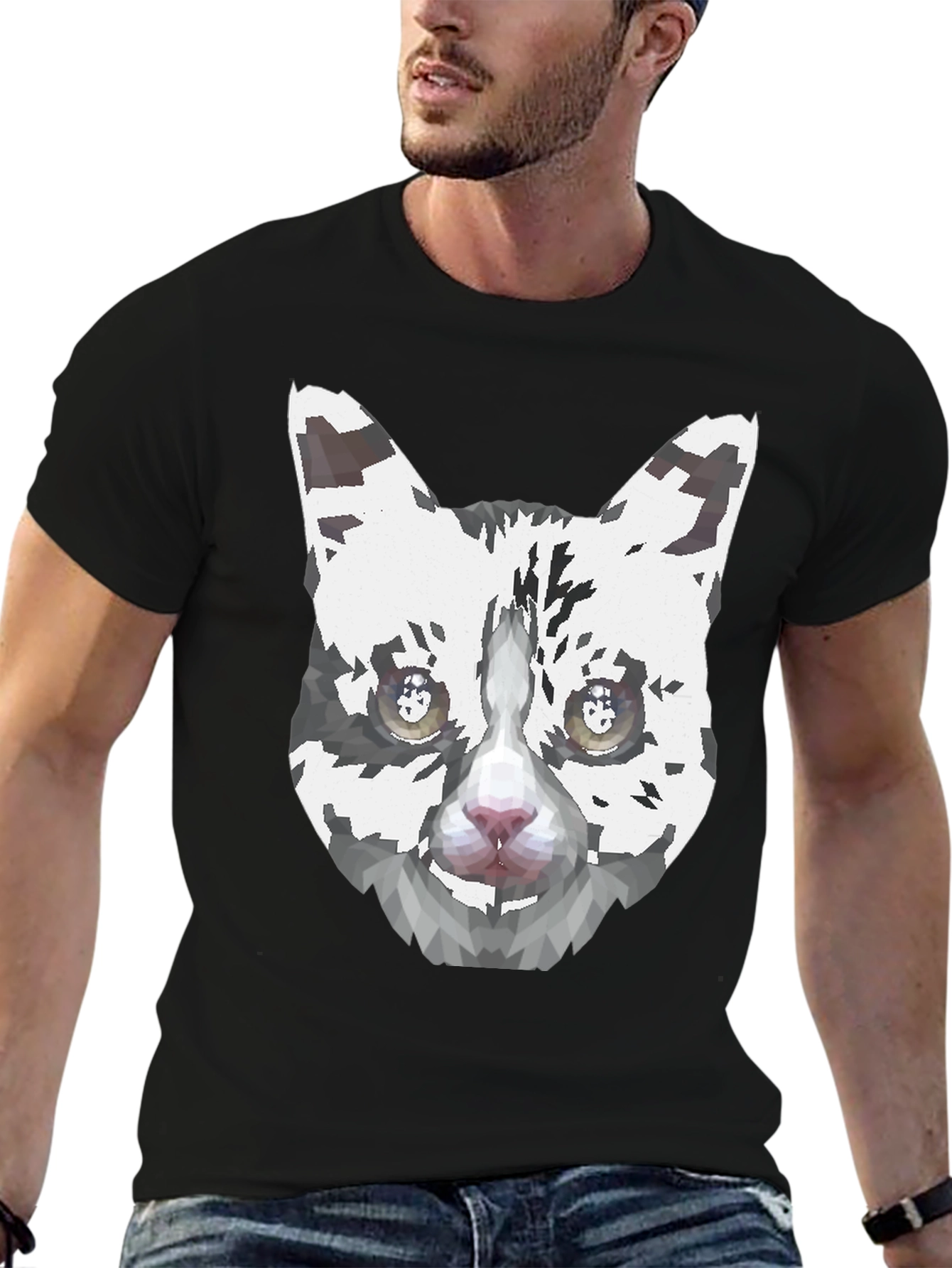 Geometric Cat Face Graphic Print Mens Black T-Shirt
