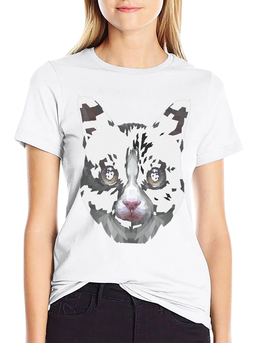 Geometric Cat Face Graphic Print Mens Black T-Shirt