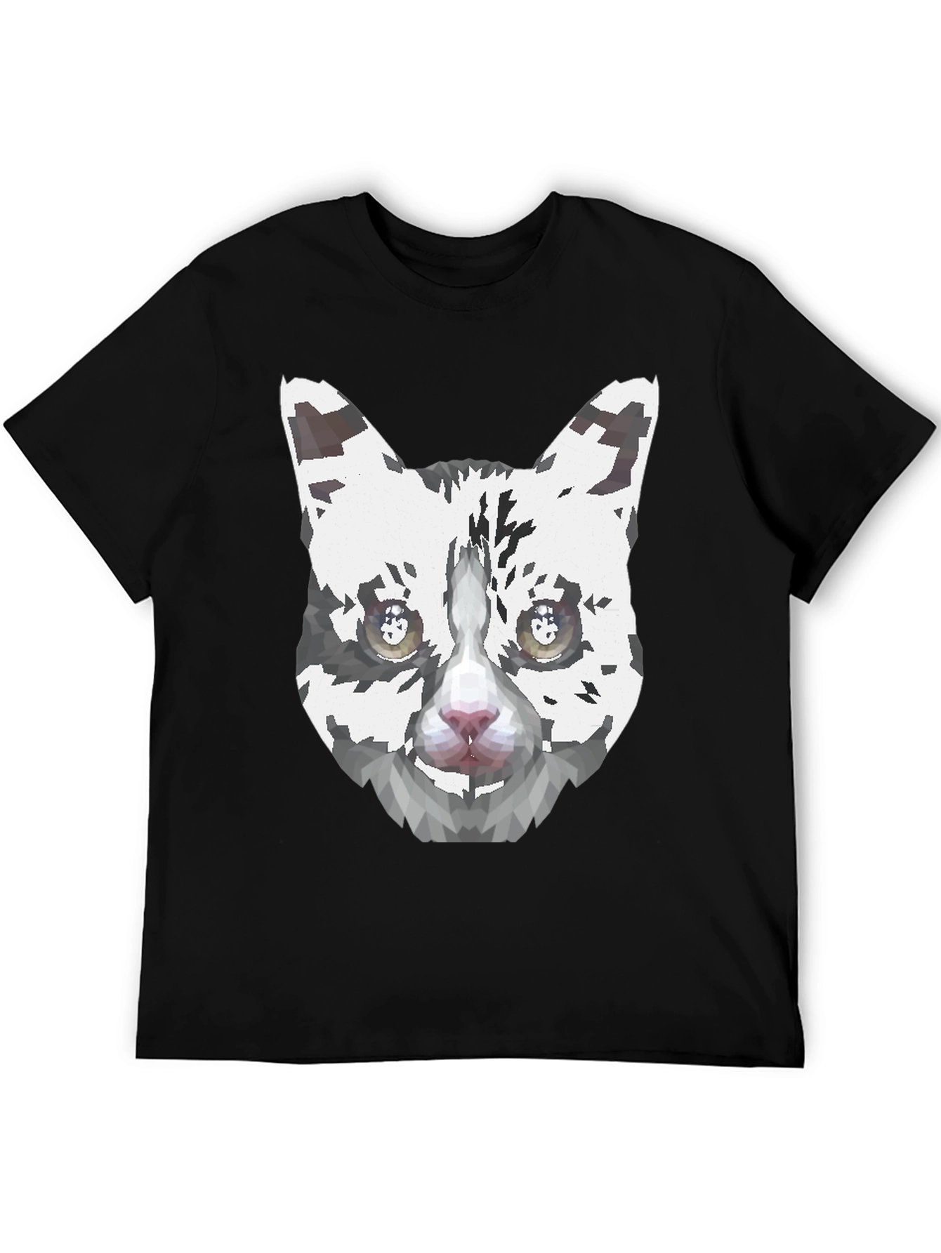 Geometric Cat Face Graphic Print Mens Black T-Shirt