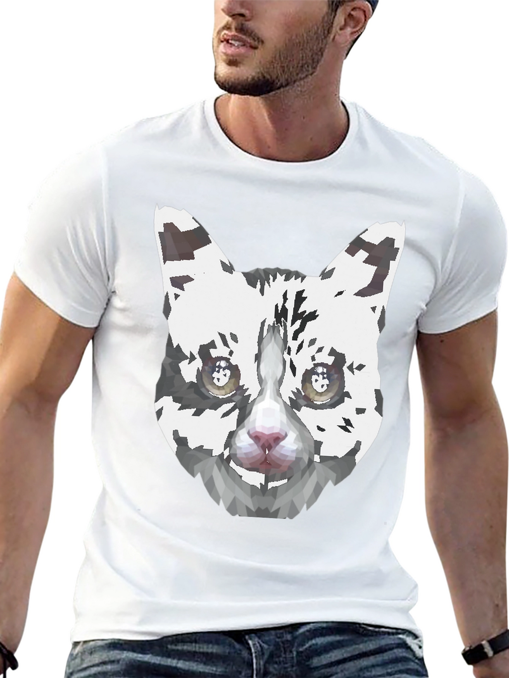 Geometric Cat Face Graphic Print Mens Black T-Shirt