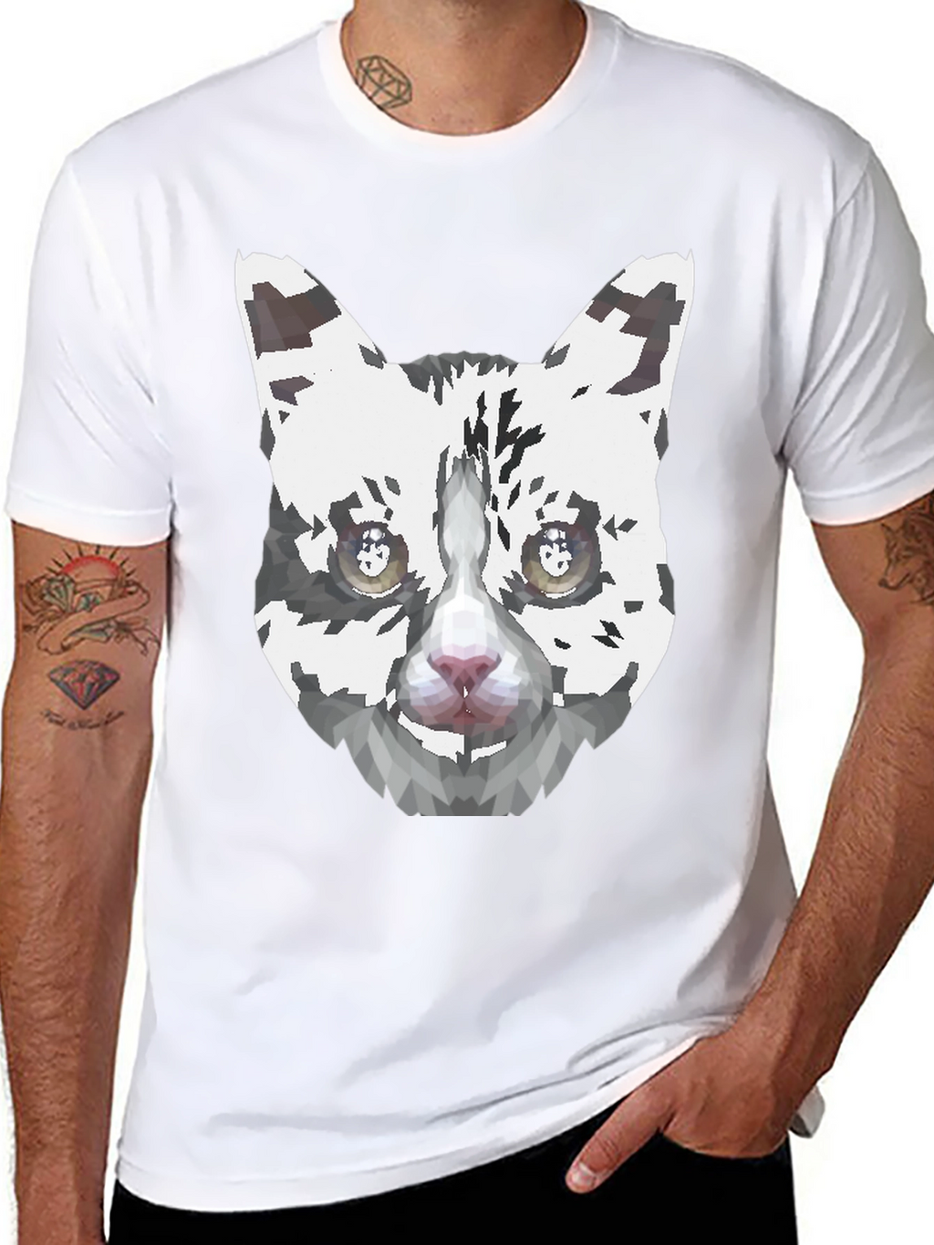 Geometric Cat Face Graphic Print Mens Black T-Shirt