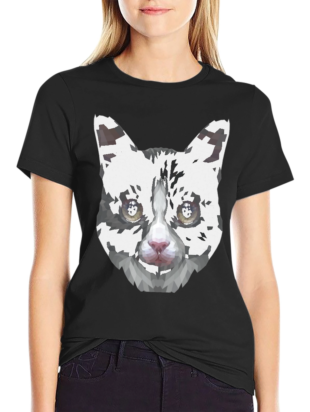 Geometric Cat Face Graphic Print Mens Black T-Shirt