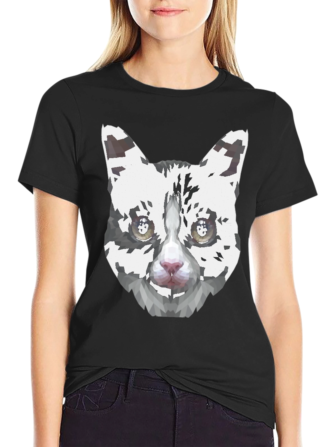 Geometric Cat Face Graphic Print Mens Black T-Shirt