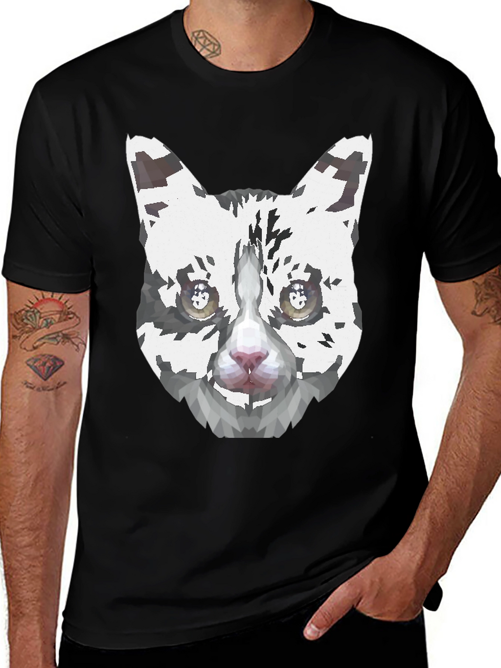 Geometric Cat Face Graphic Print Mens Black T-Shirt