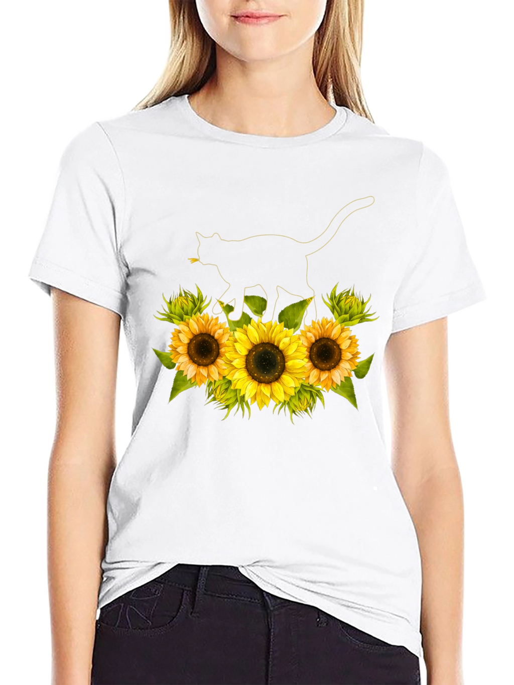 Sunflower Cat Black T-Shirt