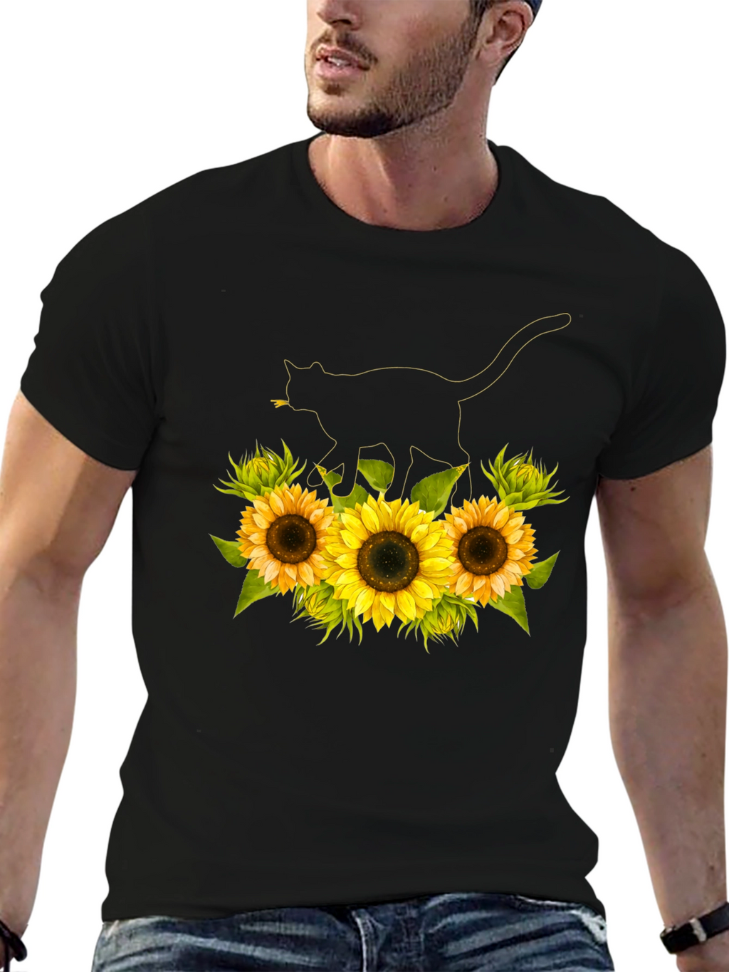 Sunflower Cat Black T-Shirt
