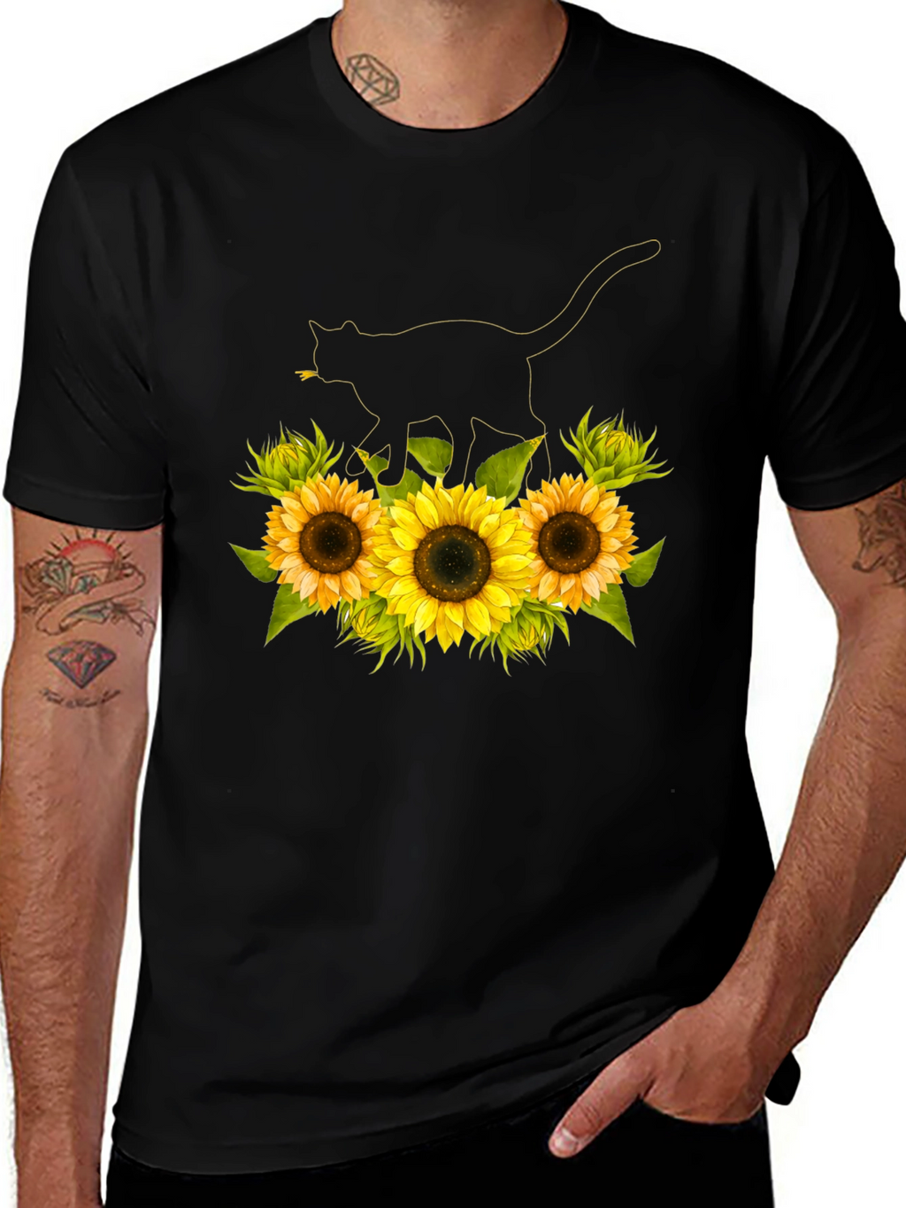 Sunflower Cat Black T-Shirt