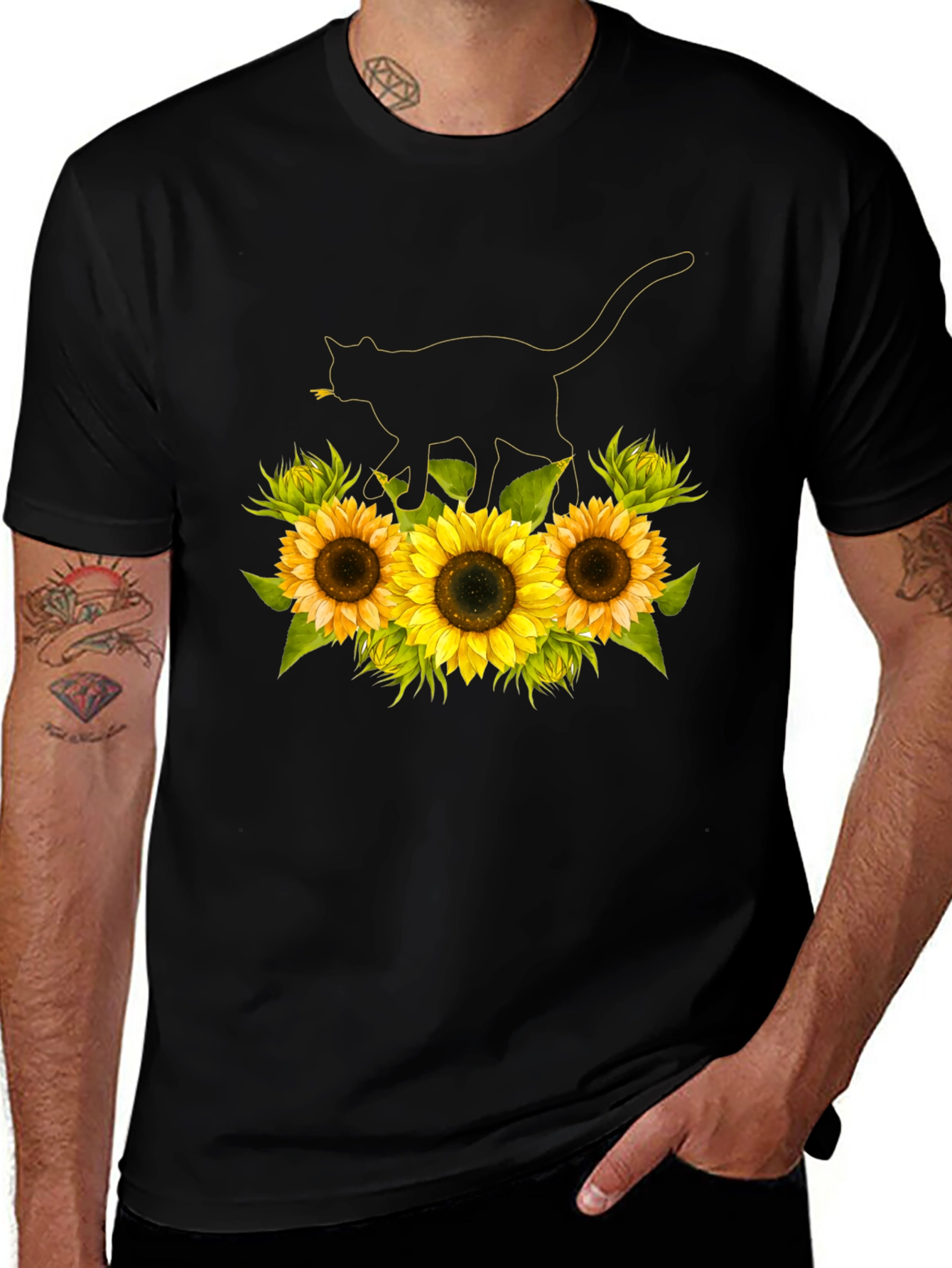 Sunflower Cat Black T-Shirt