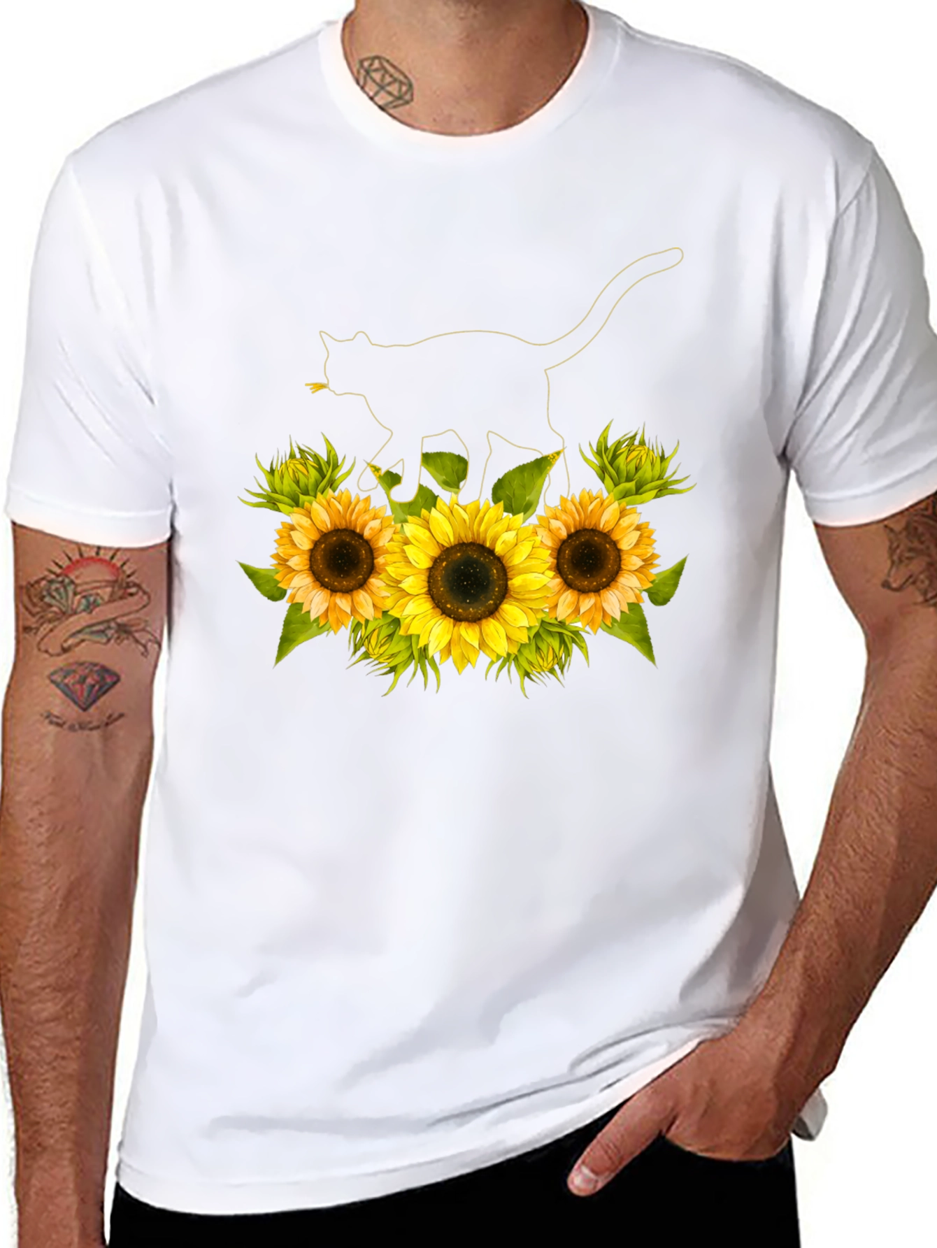 Sunflower Cat Black T-Shirt