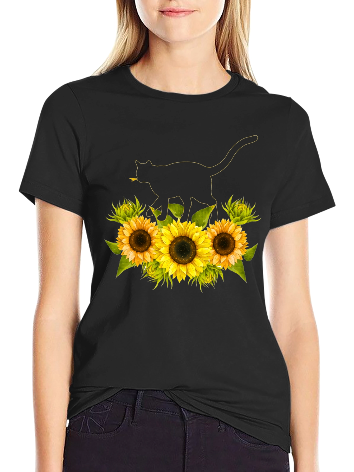 Sunflower Cat Black T-Shirt