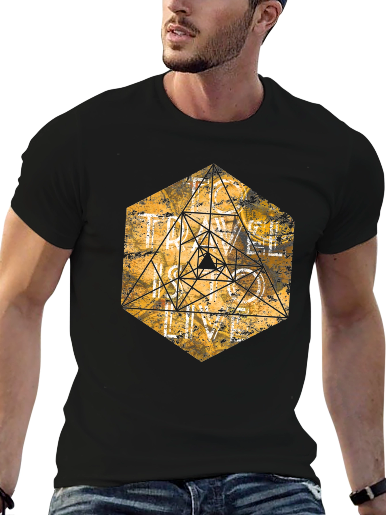 Geometric Graphic Tee - Black Cotton T-Shirt