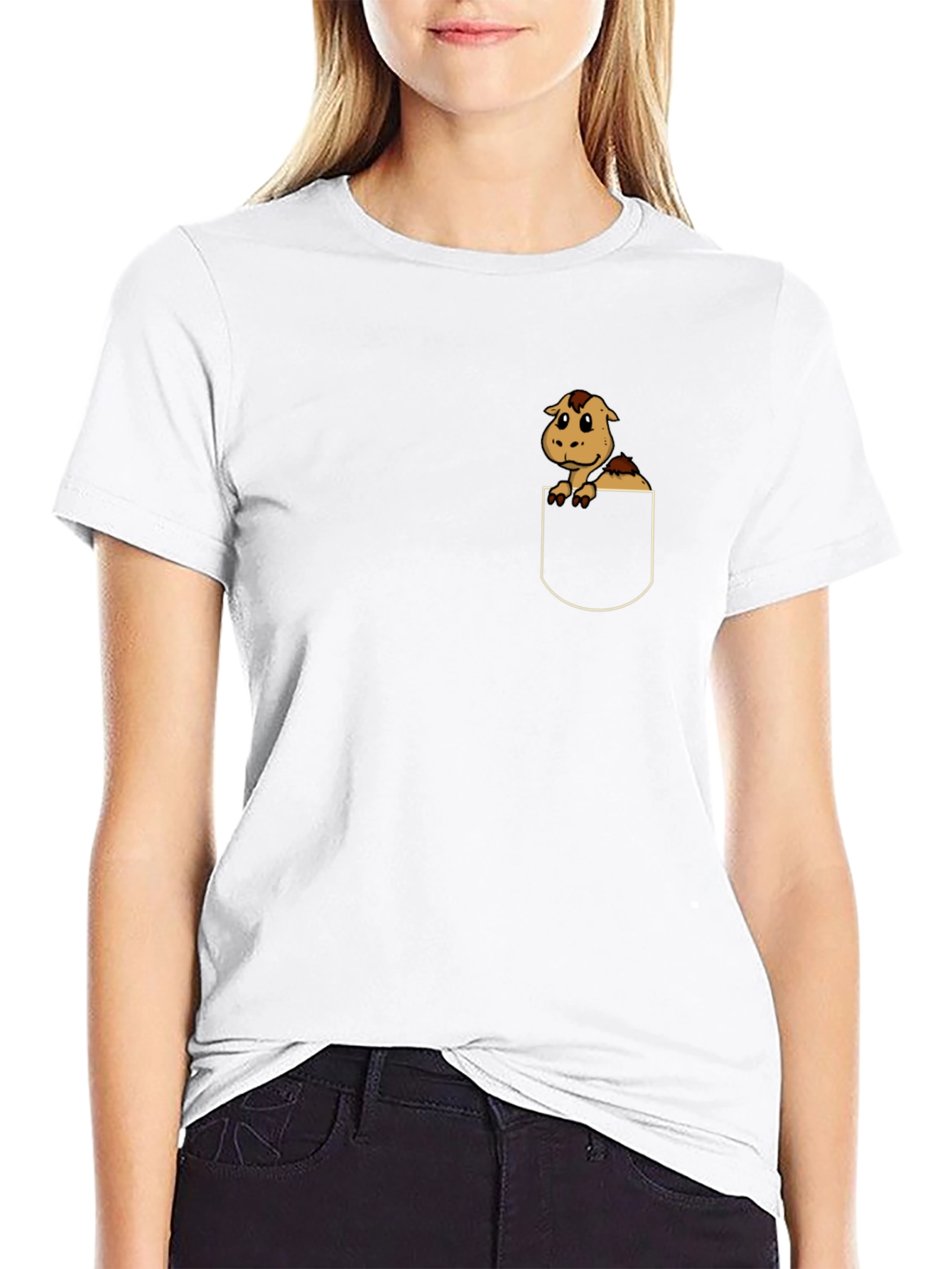 Cute Cartoon Horse in Pocket Black T-Shirt