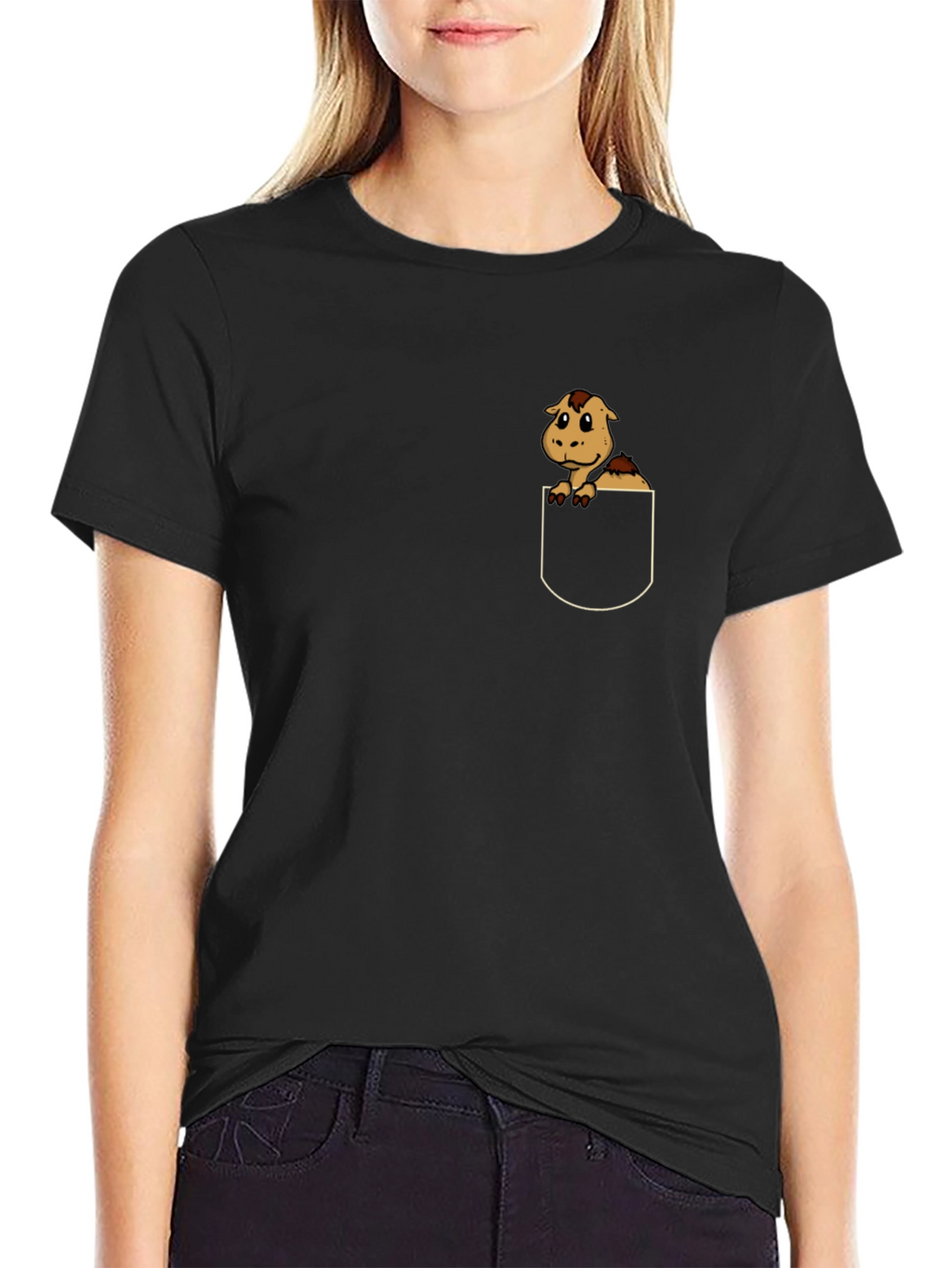 Cute Cartoon Horse in Pocket Black T-Shirt