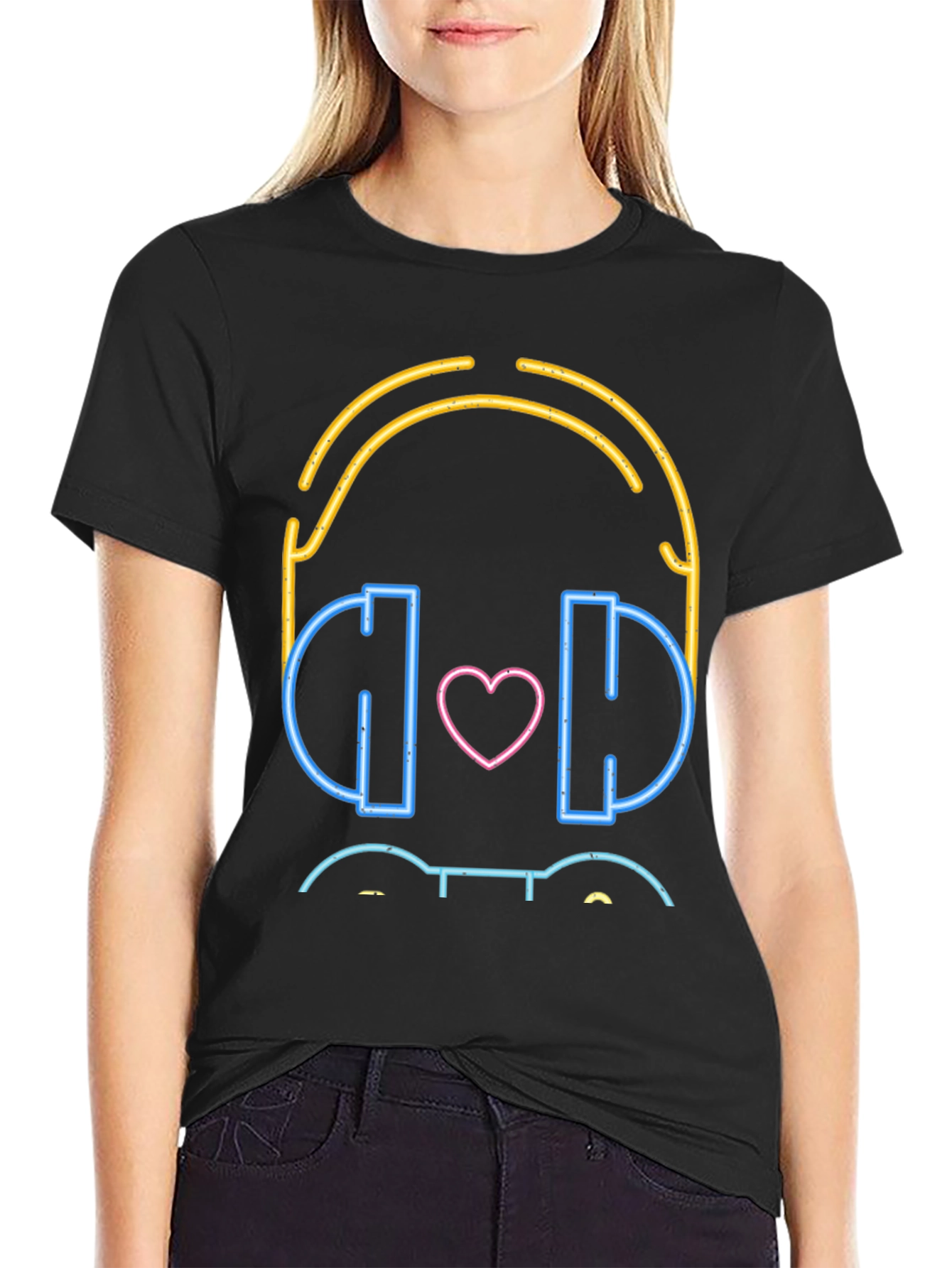 Neon Headphones Heart Graphic T-Shirt