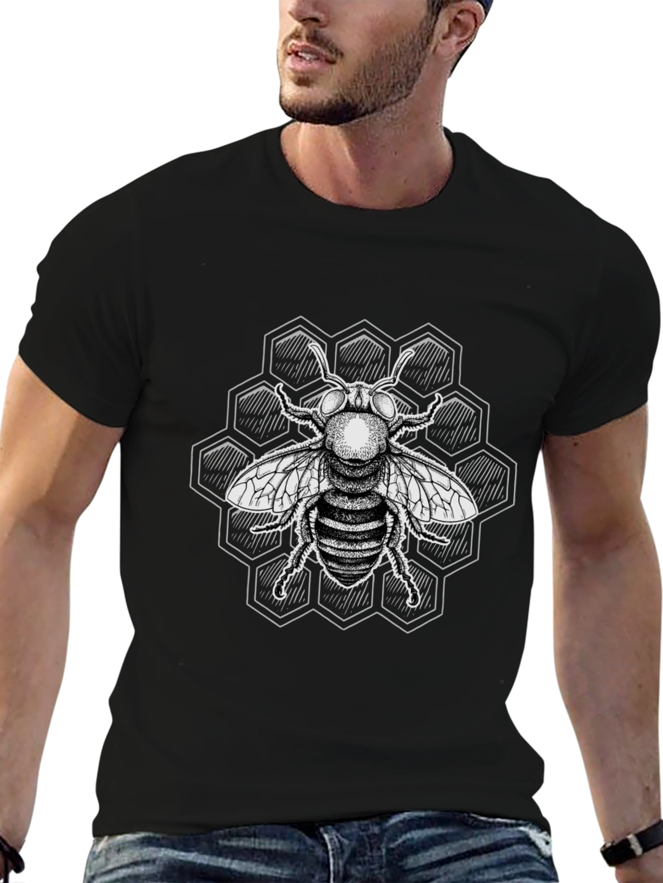 Bee Graphic T-Shirt - Black Honeycomb Design