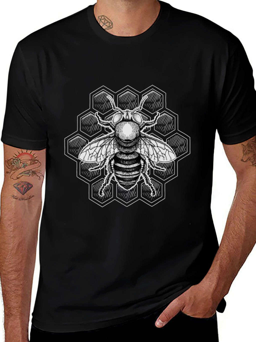Bee Graphic T-Shirt - Black Honeycomb Design