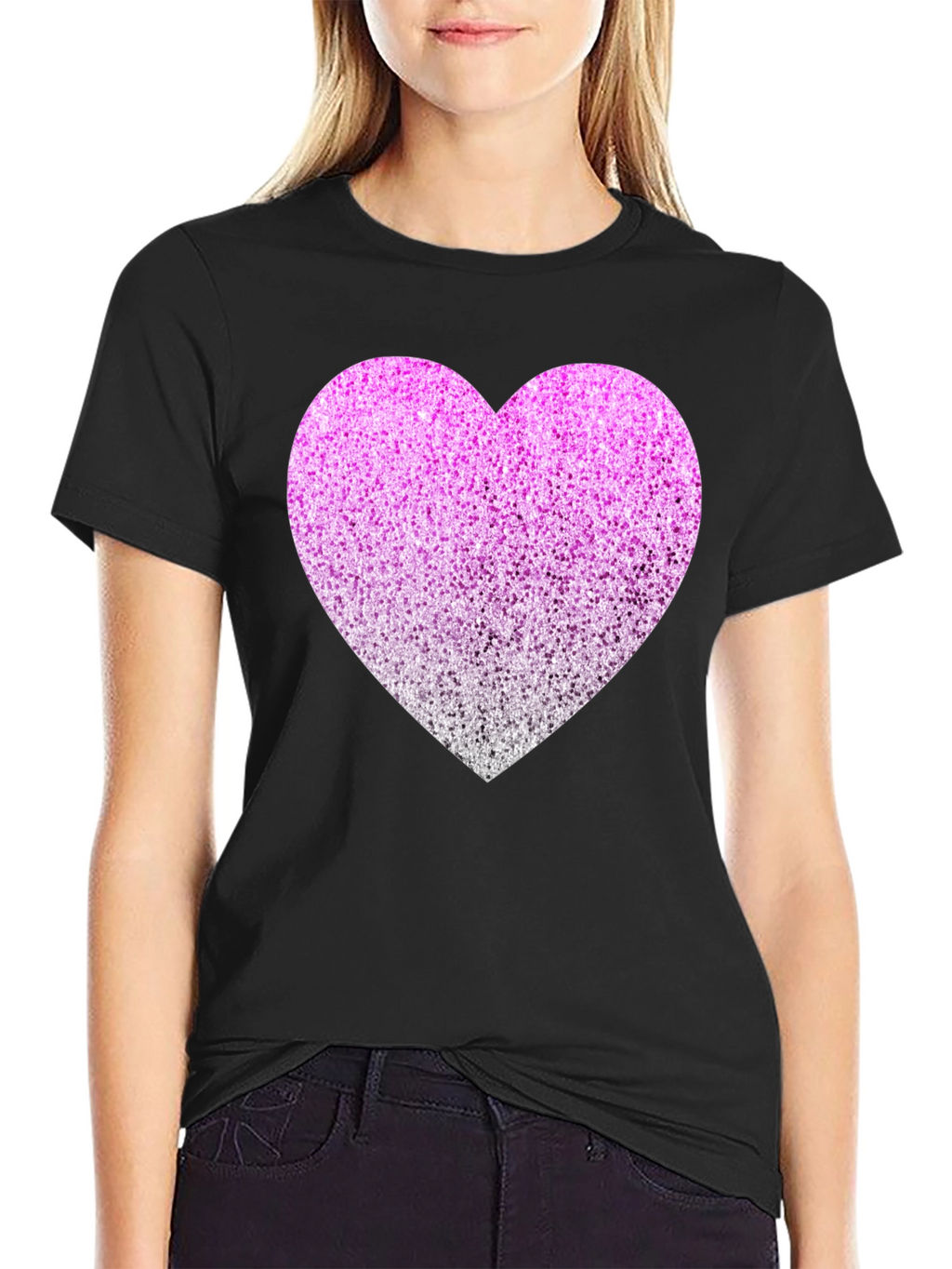 Sparkly Heart Graphic Tee - Black Cotton Blend
