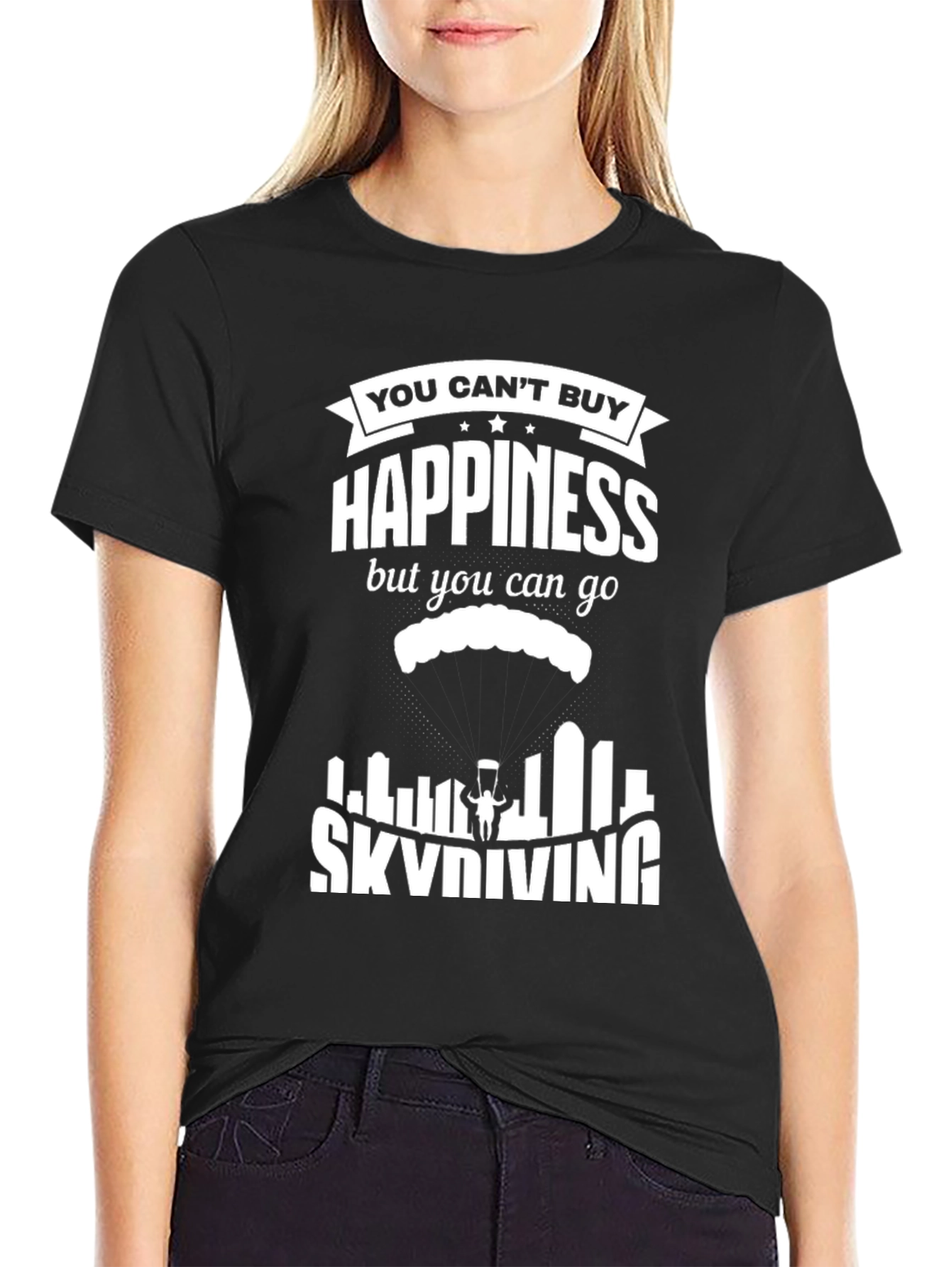 Skydiving Happiness Graphic Tee - Black Cotton T-Shirt