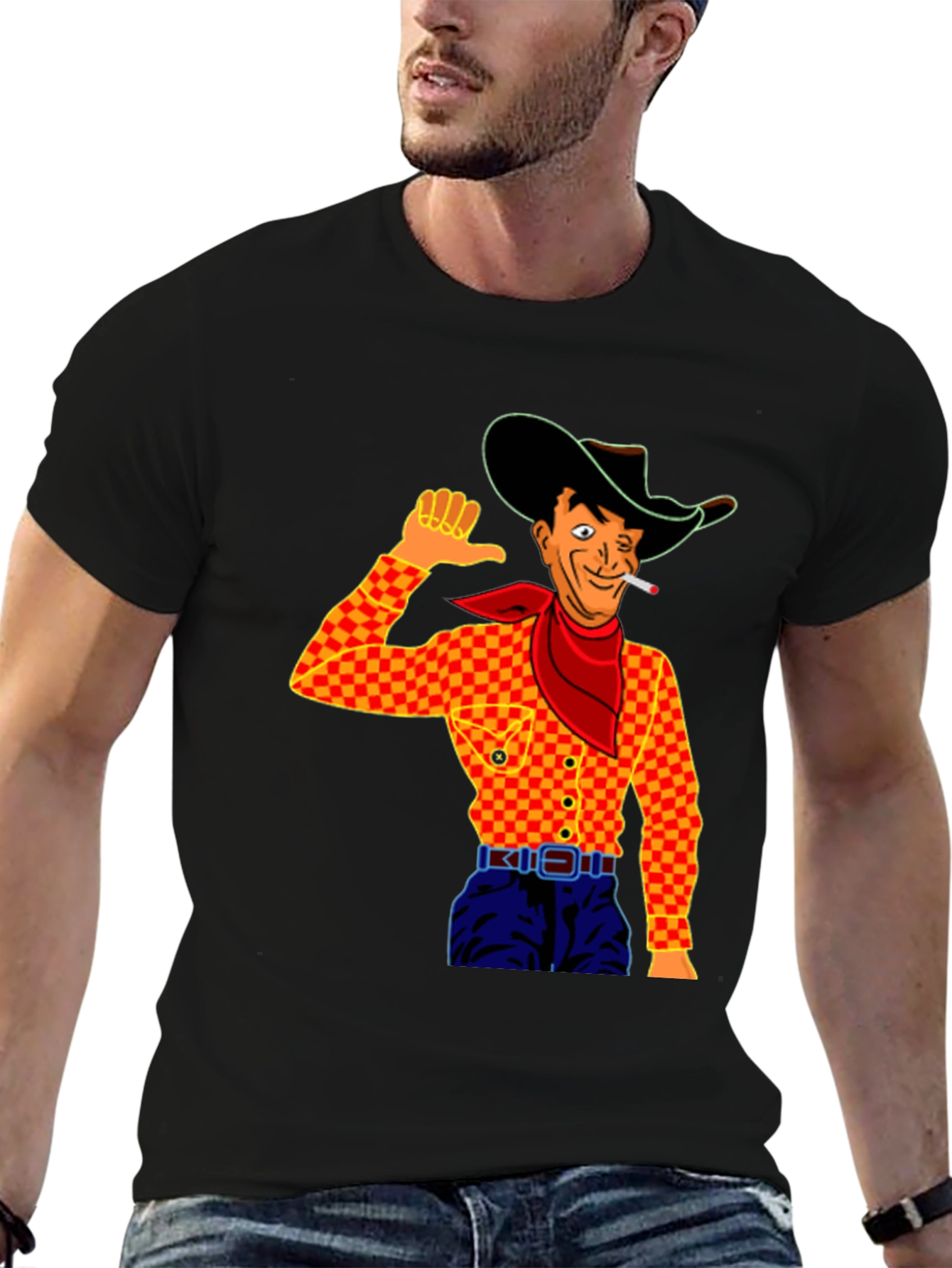 Cowboy Cartoon Graphic Black T-Shirt