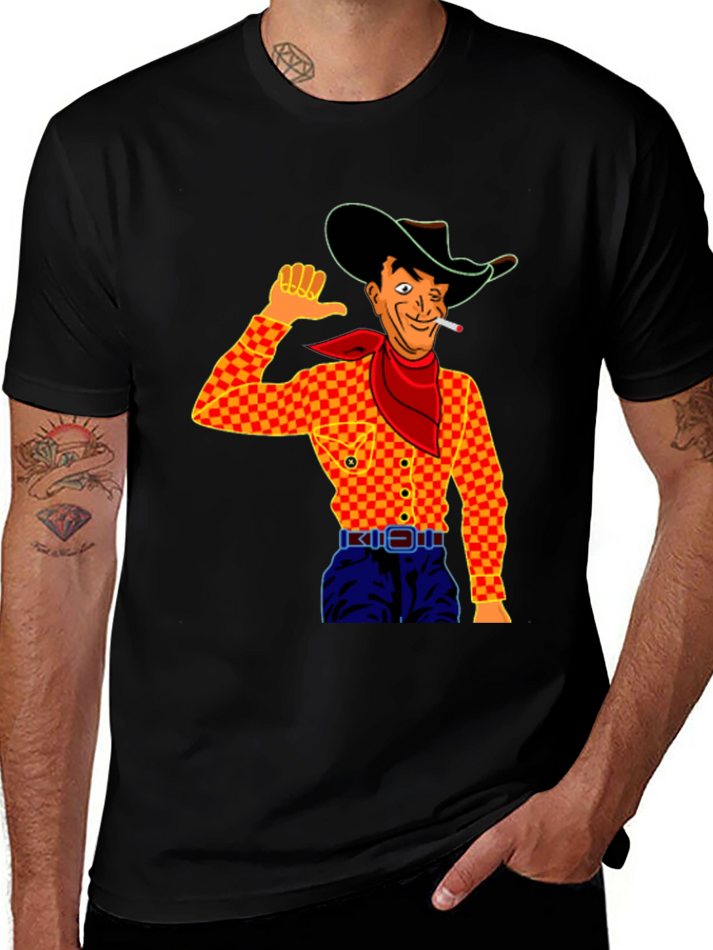 Cowboy Cartoon Graphic Black T-Shirt