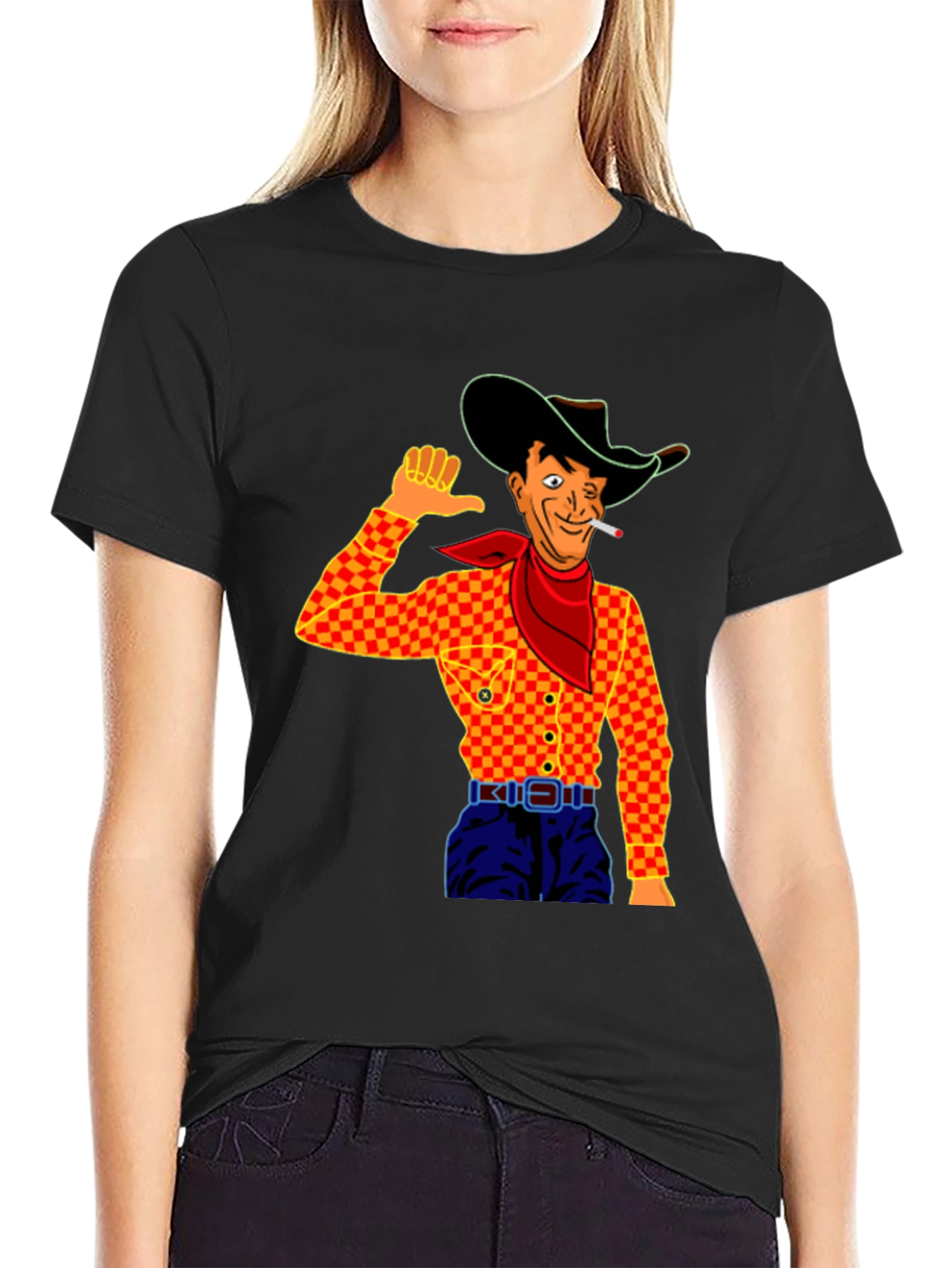 Cowboy Cartoon Graphic Black T-Shirt