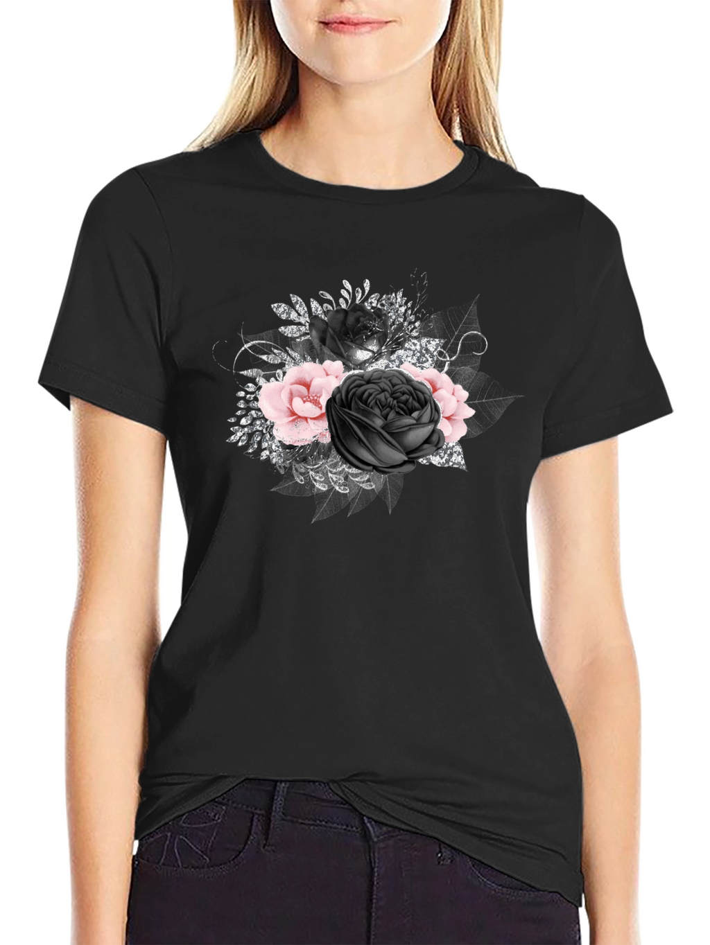 Floral Rose Graphic Print Black Tee
