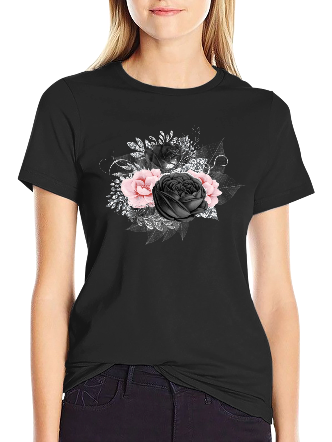 Floral Rose Graphic Print Black Tee