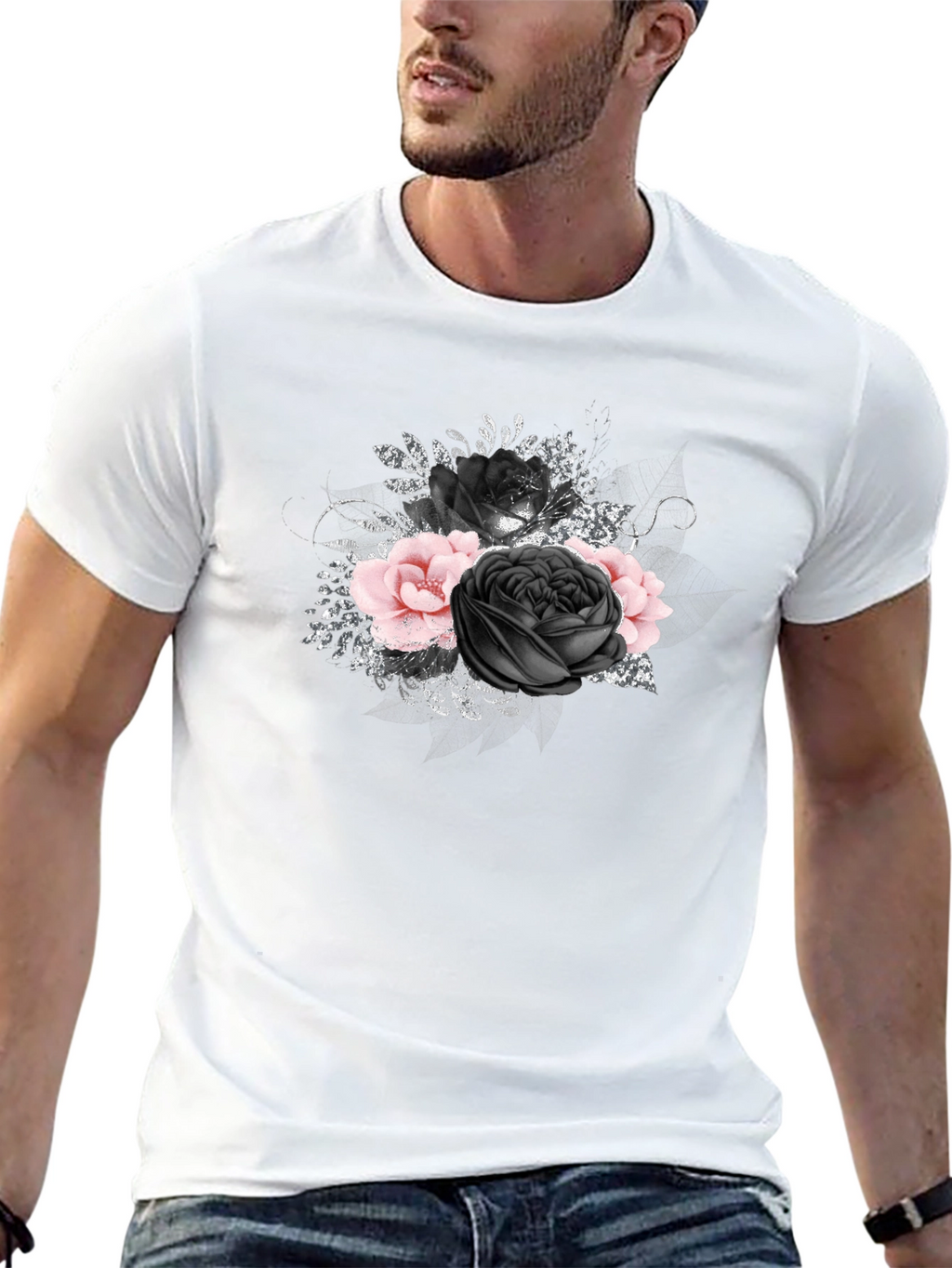 Floral Rose Graphic Print Black Tee