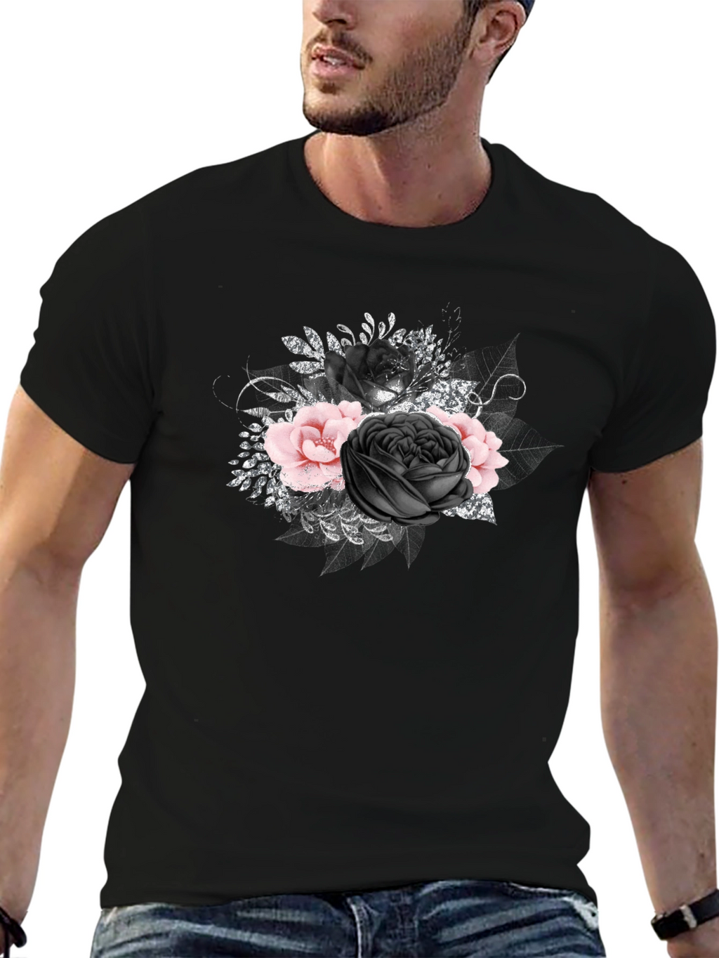 Floral Rose Graphic Print Black Tee