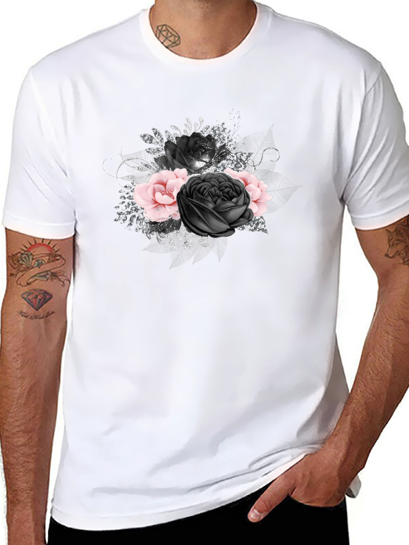 Floral Rose Graphic Print Black Tee