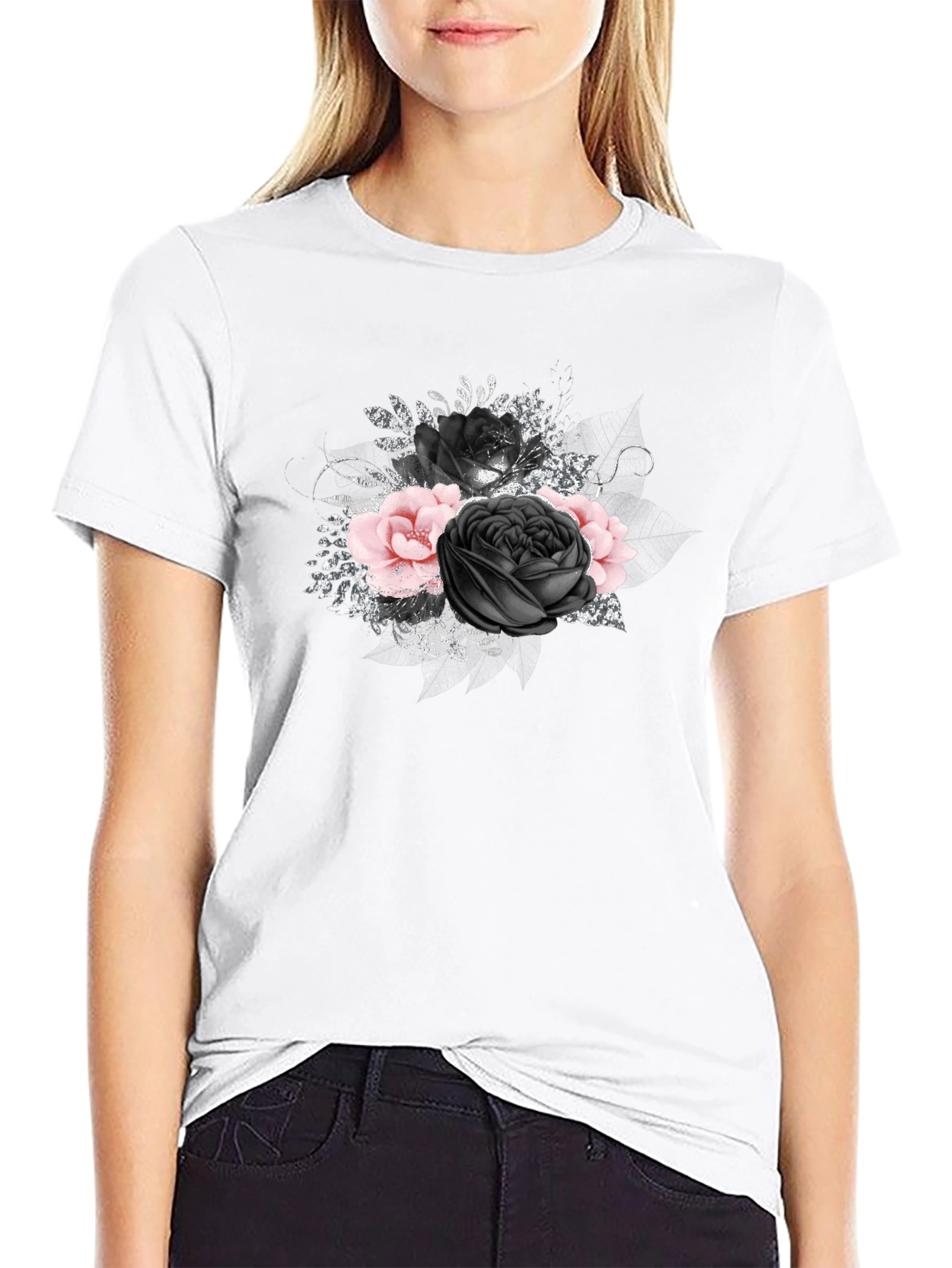 Floral Rose Graphic Print Black Tee