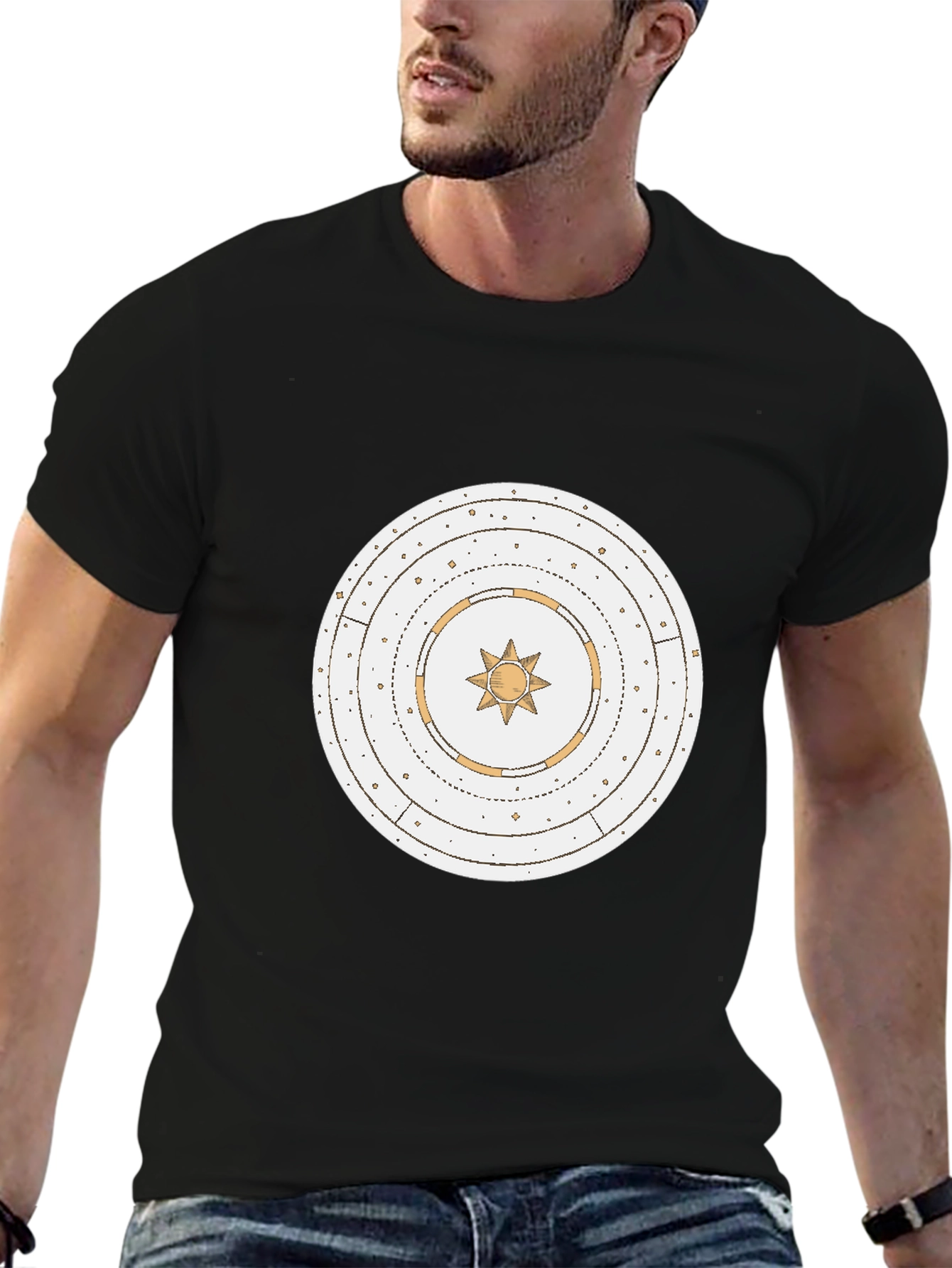 Black Graphic Tee with Celestial Sun Design