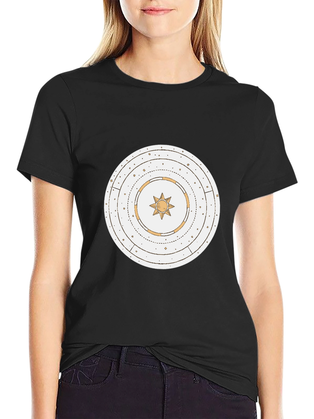 Black Graphic Tee with Celestial Sun Design