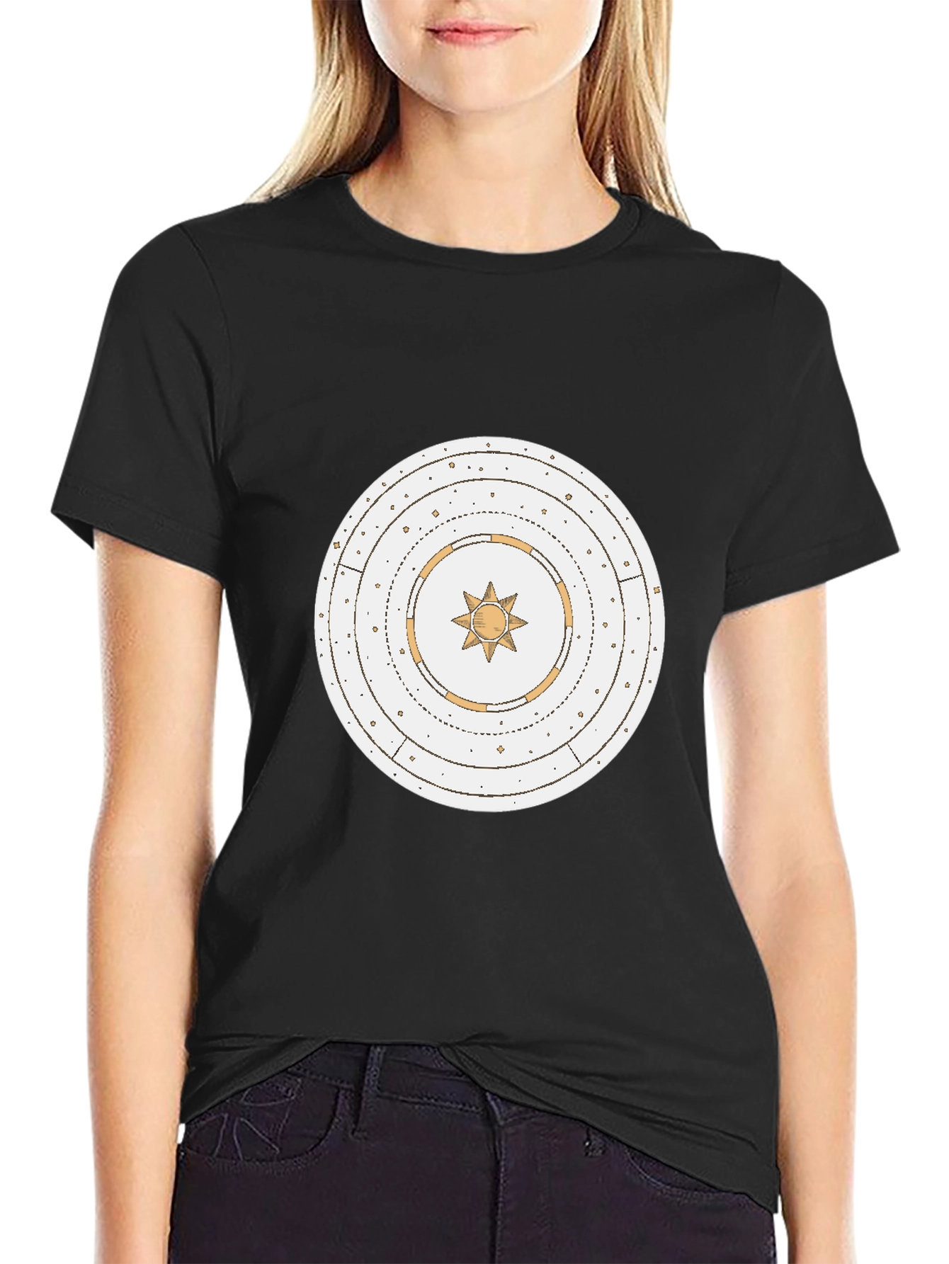 Black Graphic Tee with Celestial Sun Design