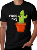 Free Hug Cactus Graphic Tee - Black Cotton T-Shirt