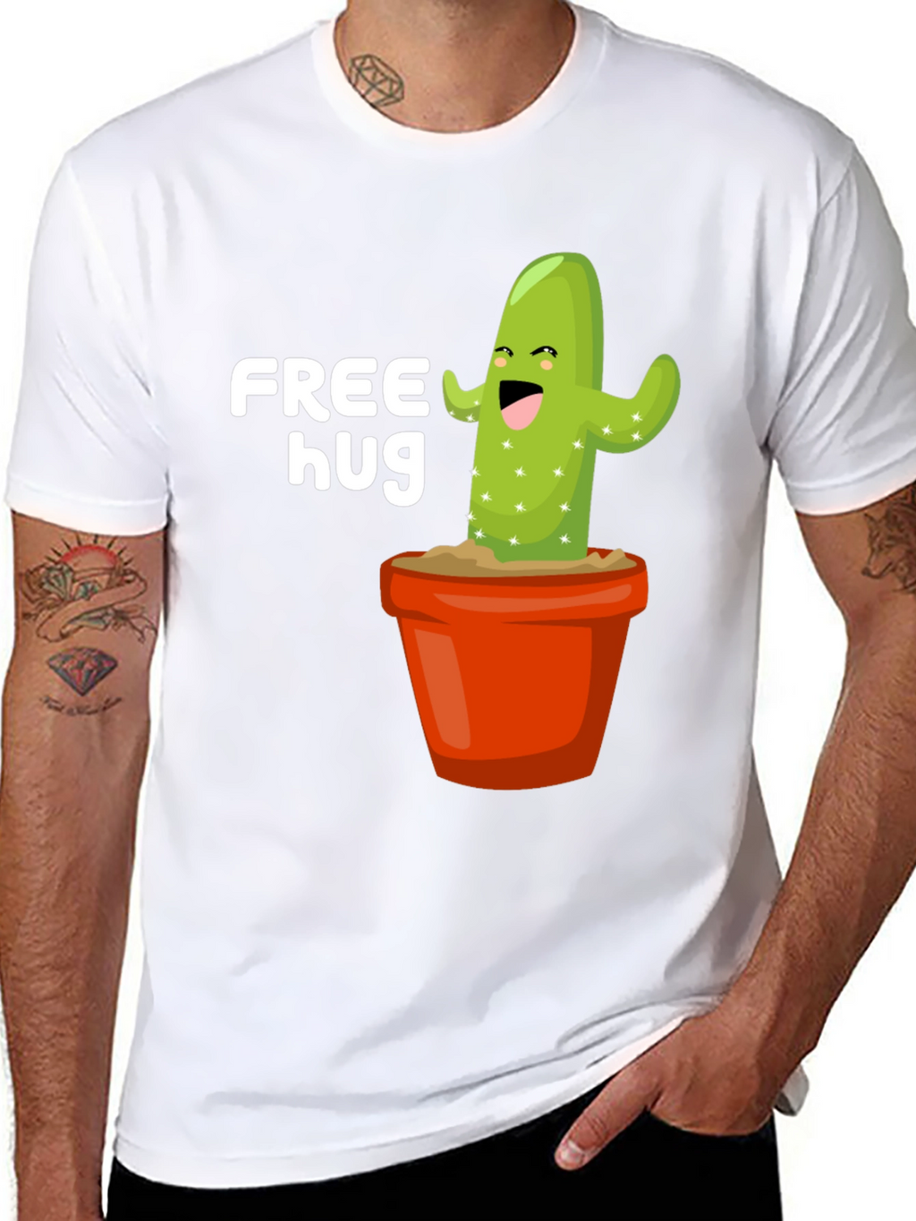 Free Hug Cactus Graphic Tee - Black Cotton T-Shirt