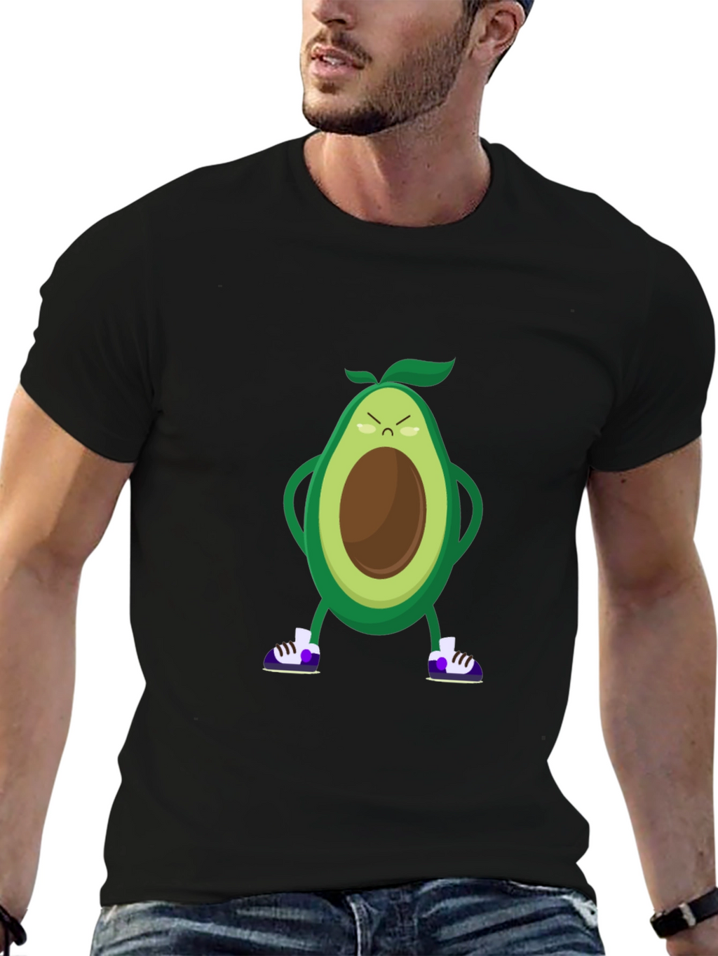 Angry Avocado Cartoon Print Black T-Shirt