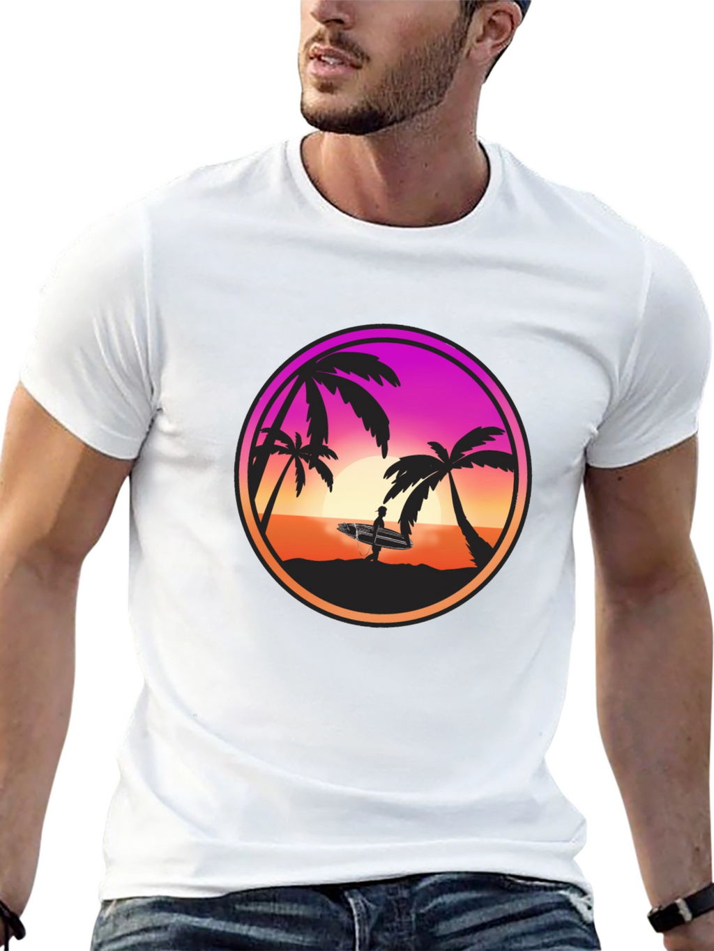 Sunset Surfer Graphic Tee - Black Cotton Blend
