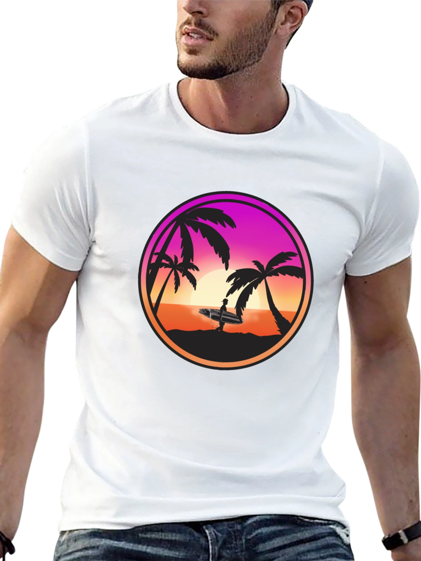 Sunset Surfer Graphic Tee - Black Cotton Blend