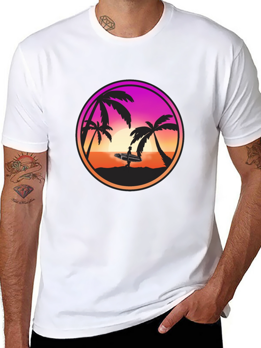 Sunset Surfer Graphic Tee - Black Cotton Blend