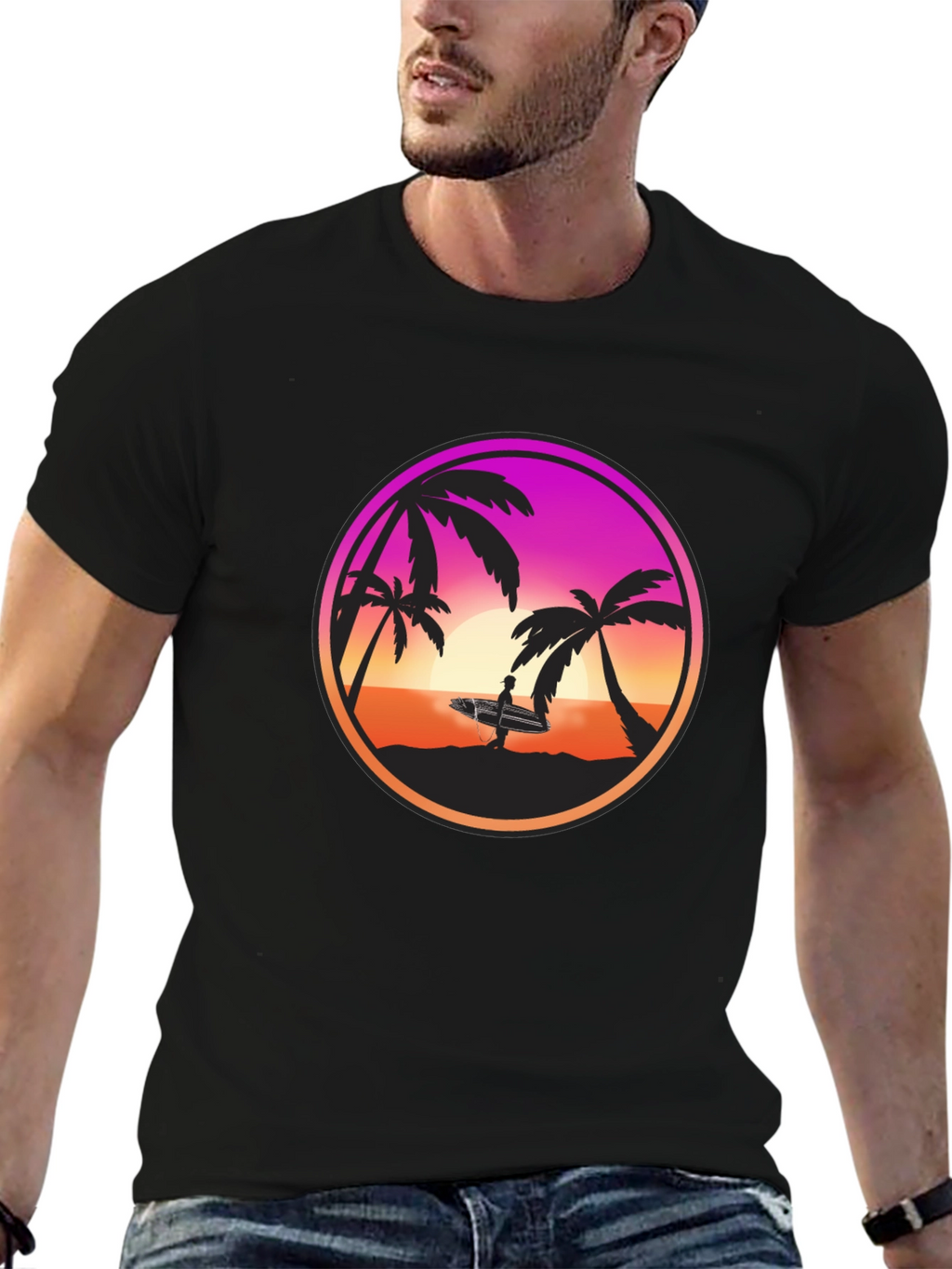 Sunset Surfer Graphic Tee - Black Cotton Blend