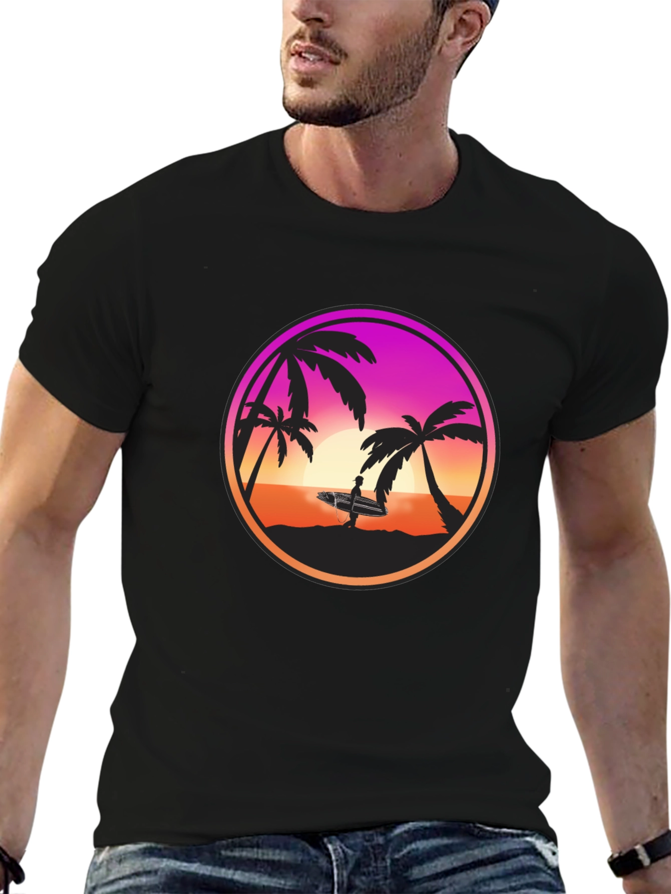 Sunset Surfer Graphic Tee - Black Cotton Blend