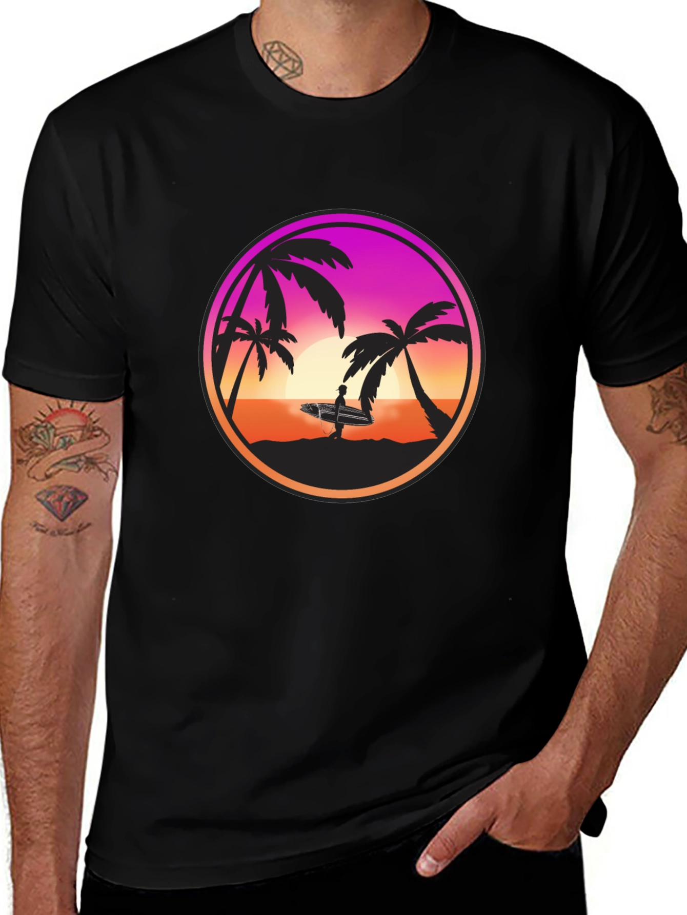 Sunset Surfer Graphic Tee - Black Cotton Blend