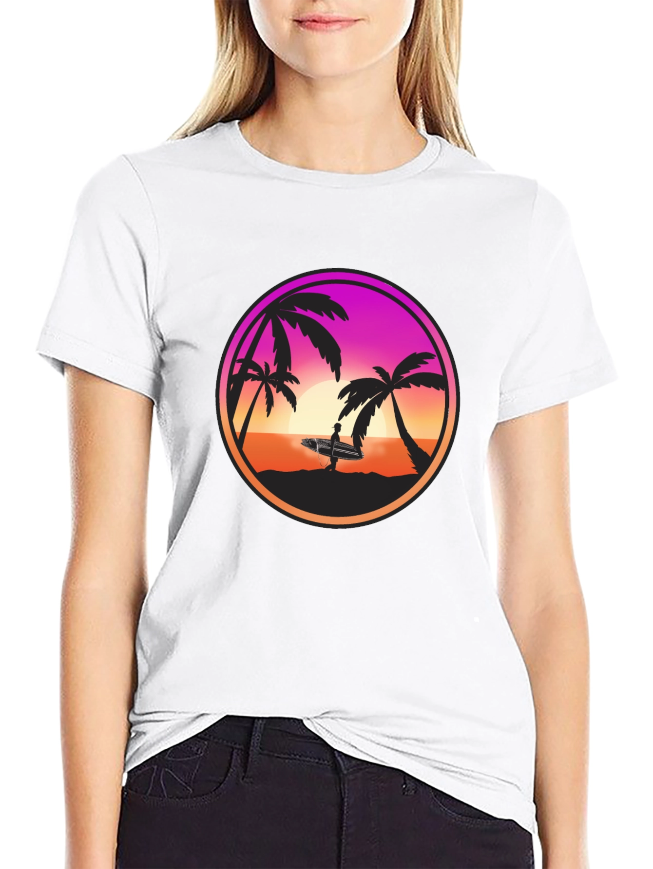 Sunset Surfer Graphic Tee - Black Cotton Blend