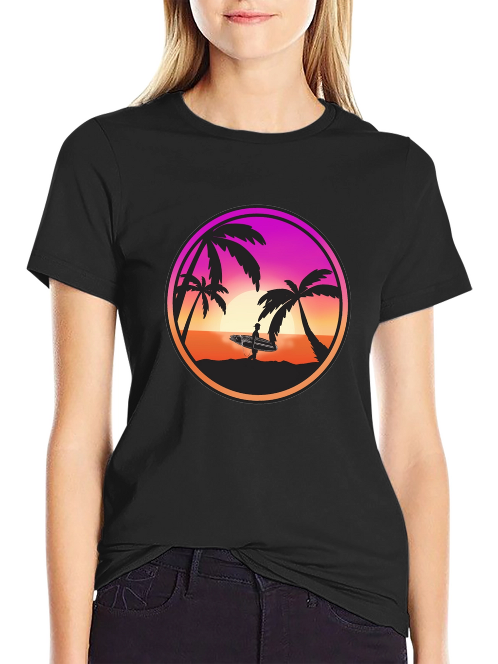 Sunset Surfer Graphic Tee - Black Cotton Blend