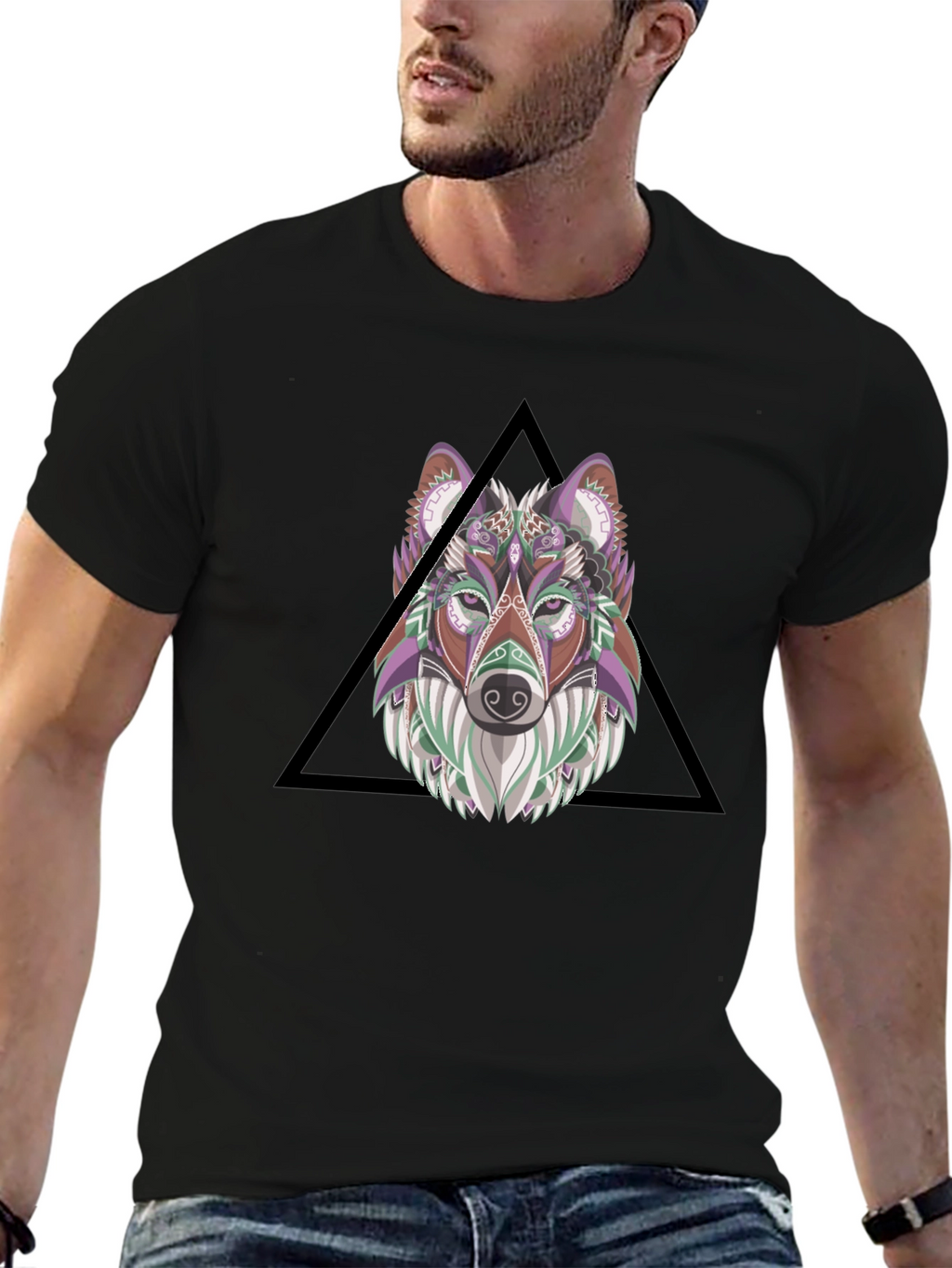 Wolf Head Graphic Print Tee - Black