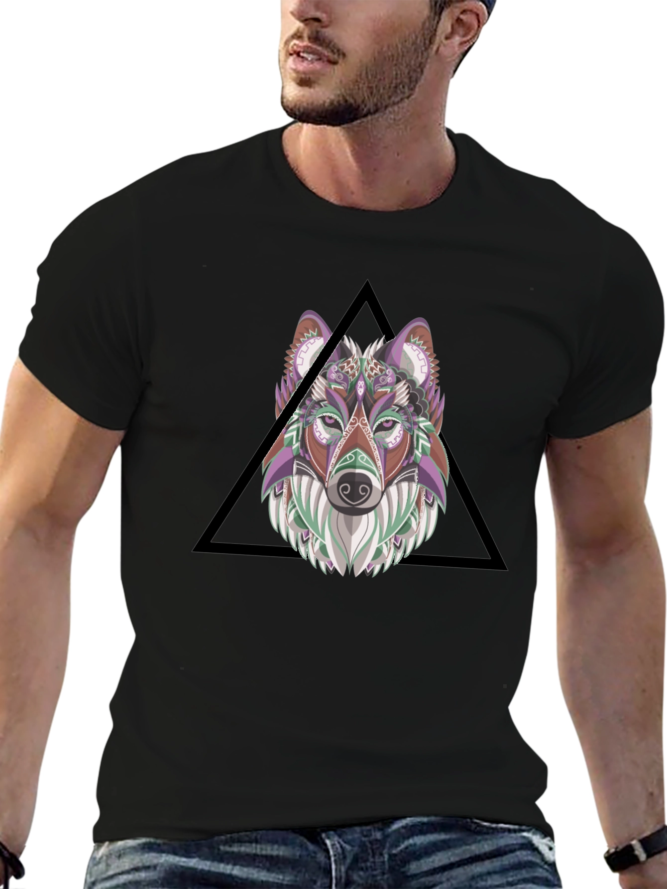 Wolf Head Graphic Print Tee - Black