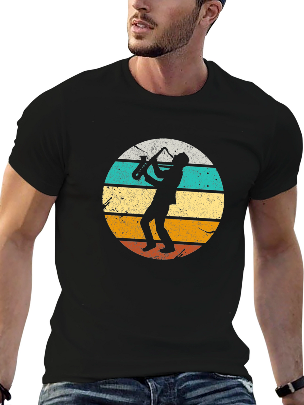 Retro Saxophone Player Black T-Shirt